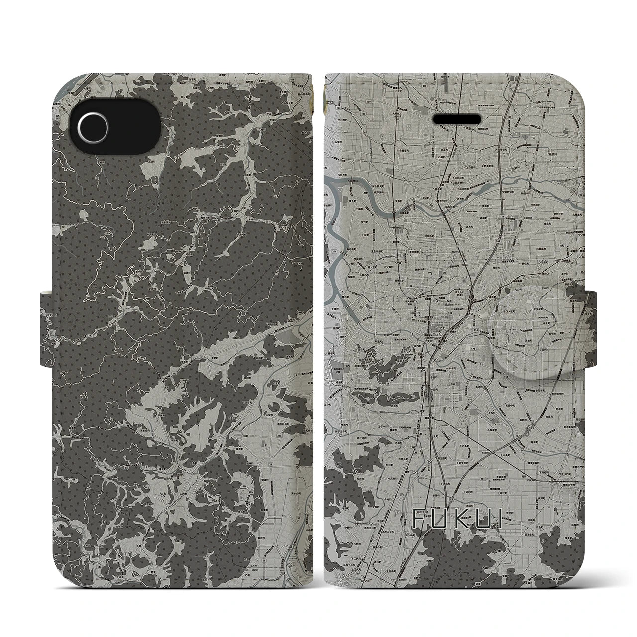 【福井(福井県)】地図柄iPhoneケース(手帳タイプ)モノトーン・iPhone SE(第3 / 第2世代) / 8 / 7 / 6s / 6 用