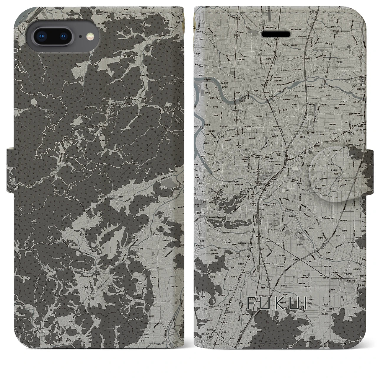 【福井(福井県)】地図柄iPhoneケース(手帳タイプ)モノトーン・iPhone 8Plus /7Plus / 6sPlus / 6Plus 用