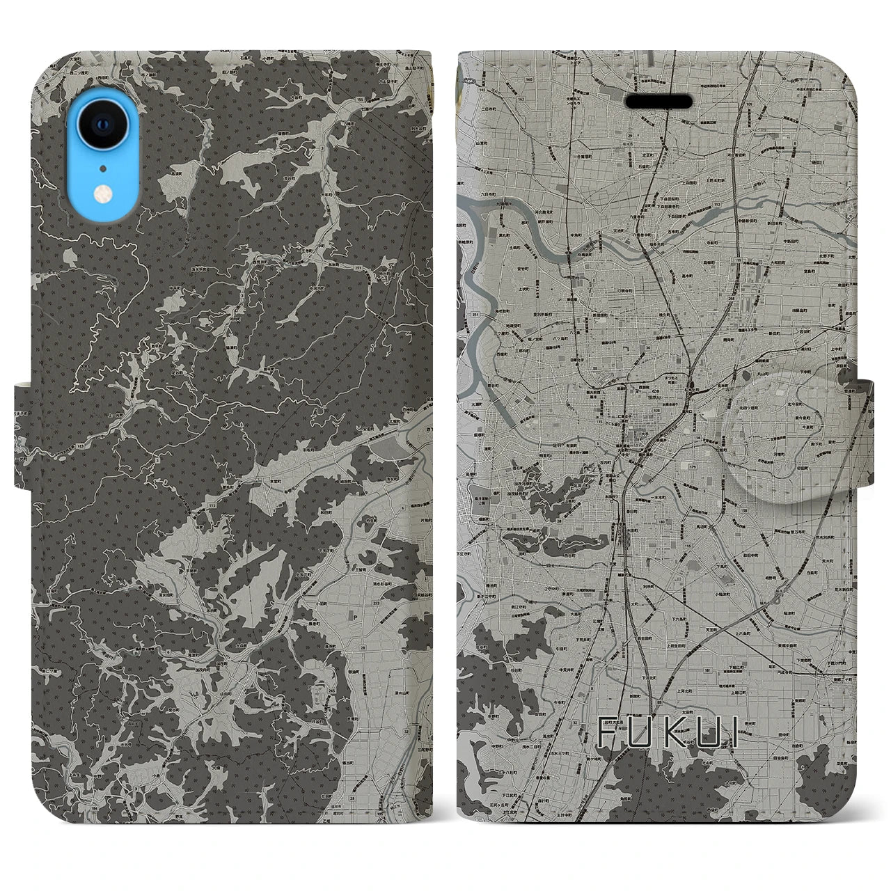 【福井(福井県)】地図柄iPhoneケース(手帳タイプ)モノトーン・iPhone XR 用