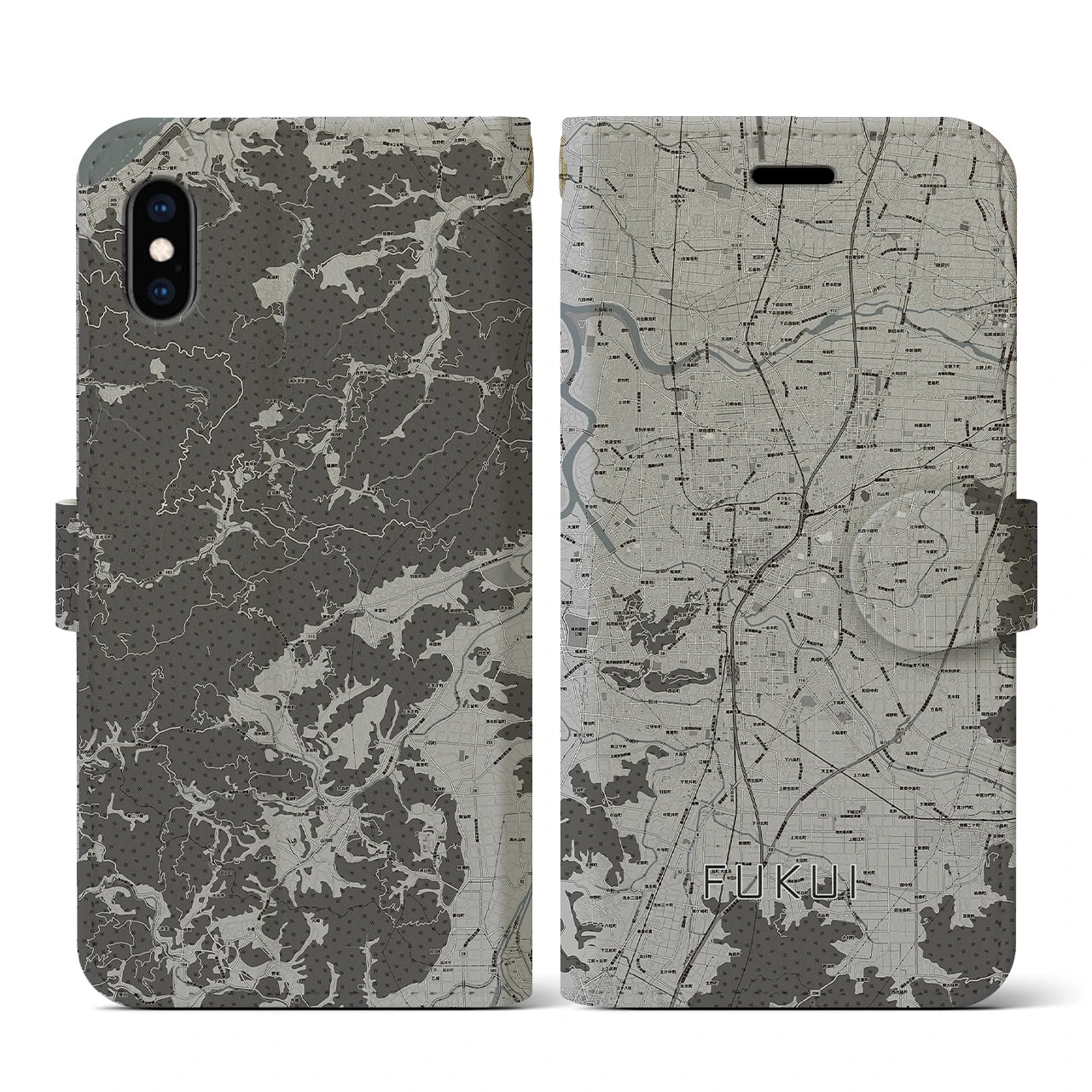 【福井(福井県)】地図柄iPhoneケース(手帳タイプ)モノトーン・iPhone XS / X 用