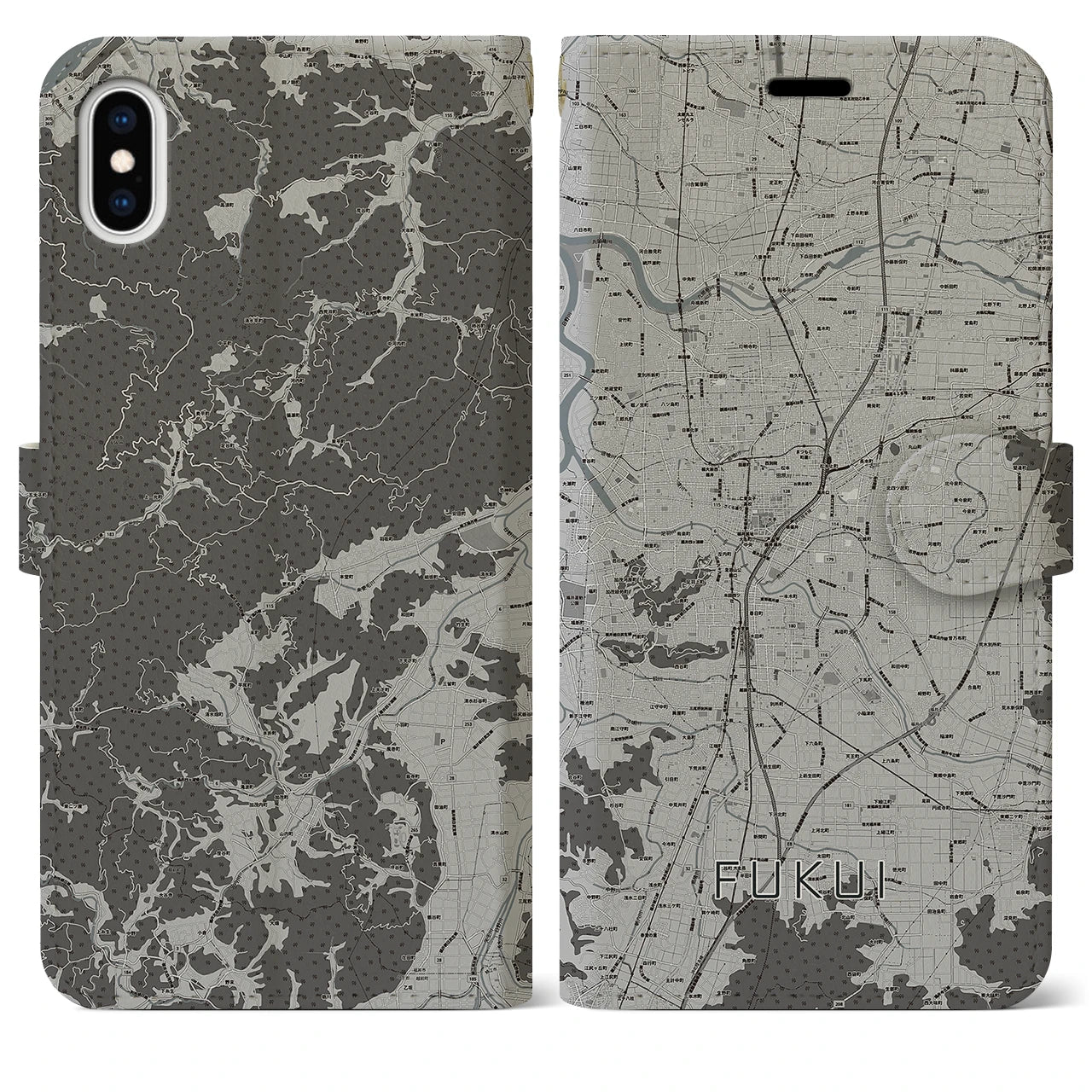 【福井(福井県)】地図柄iPhoneケース(手帳タイプ)モノトーン・iPhone XS Max 用