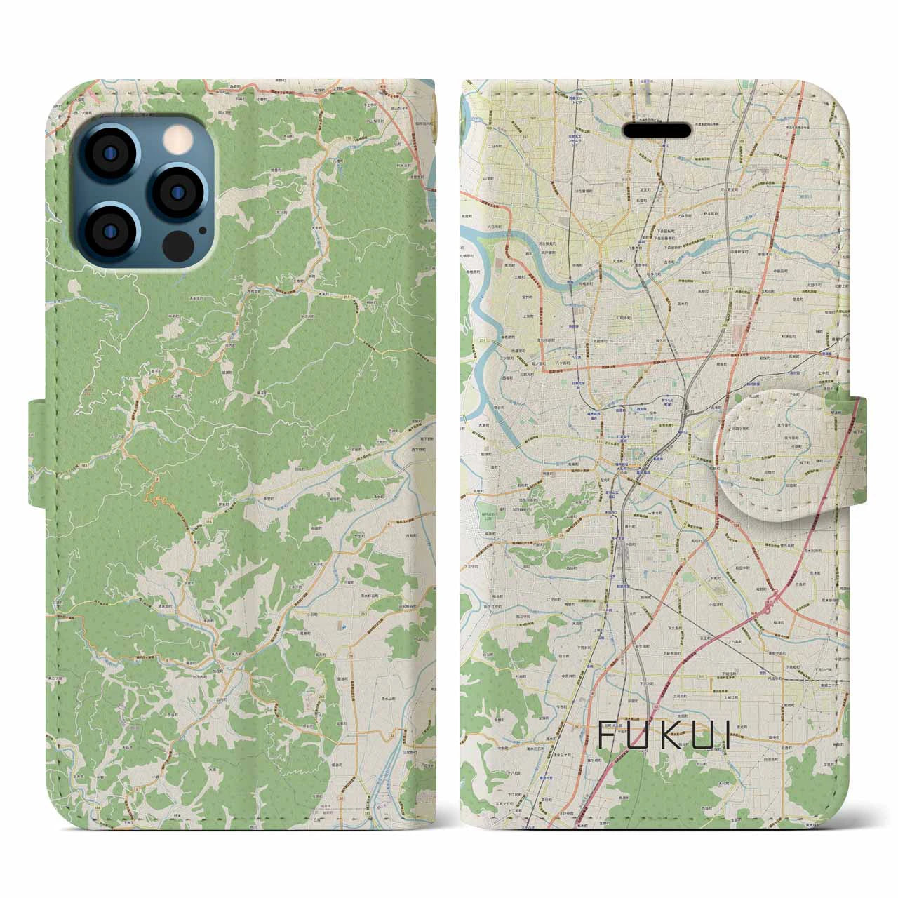 【福井(福井県)】地図柄iPhoneケース(手帳タイプ)ナチュラル・iPhone 12 / 12 Pro 用
