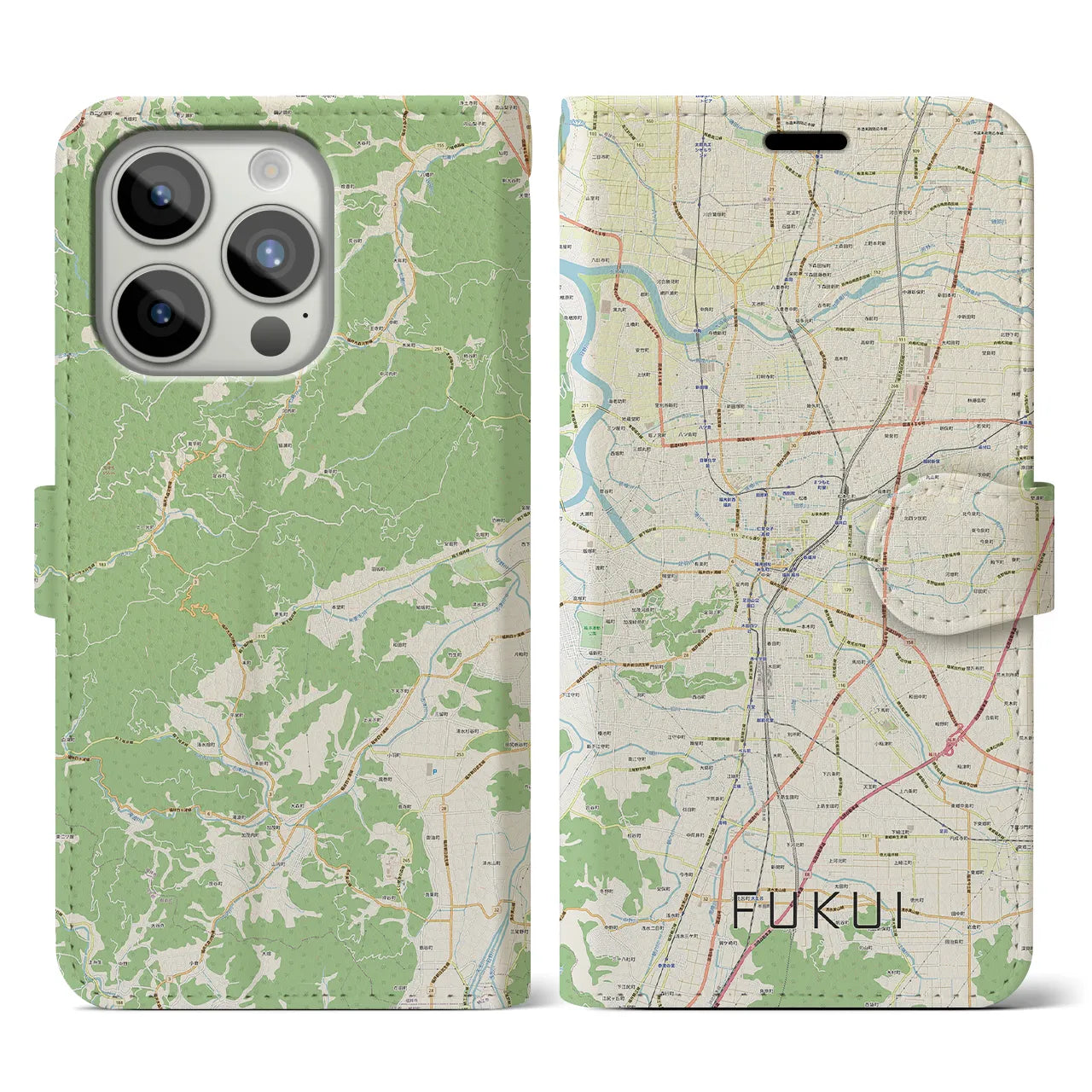 【福井(福井県)】地図柄iPhoneケース(手帳タイプ)ナチュラル・iPhone 15 Pro 用