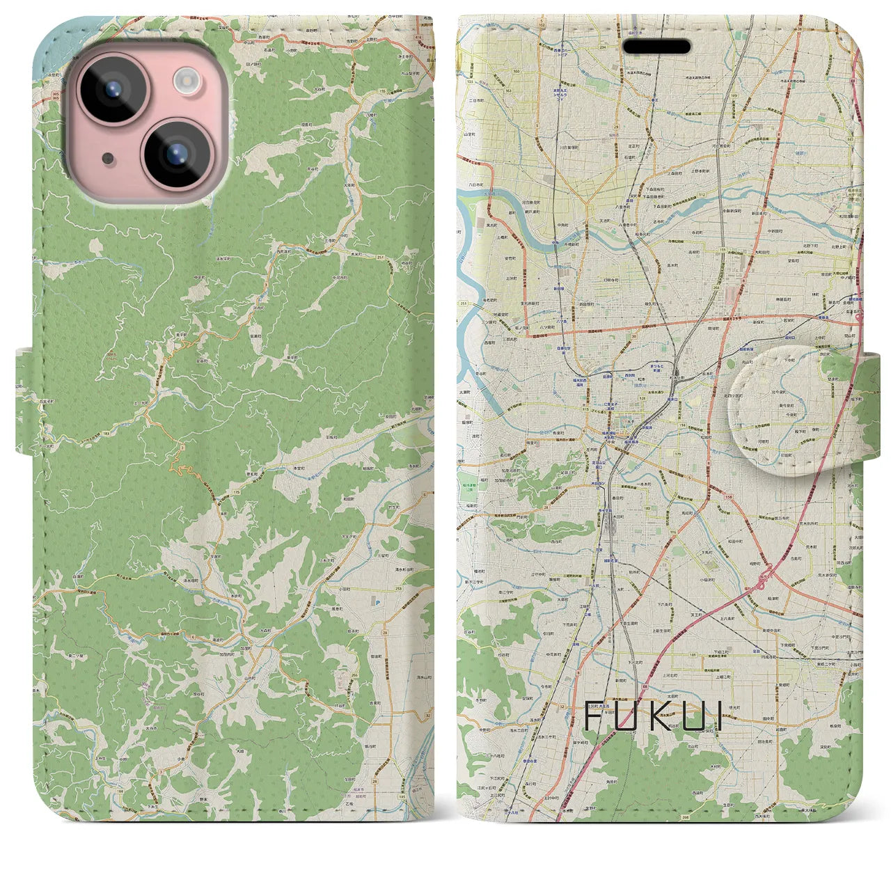 【福井(福井県)】地図柄iPhoneケース(手帳タイプ)ナチュラル・iPhone 15 Plus 用