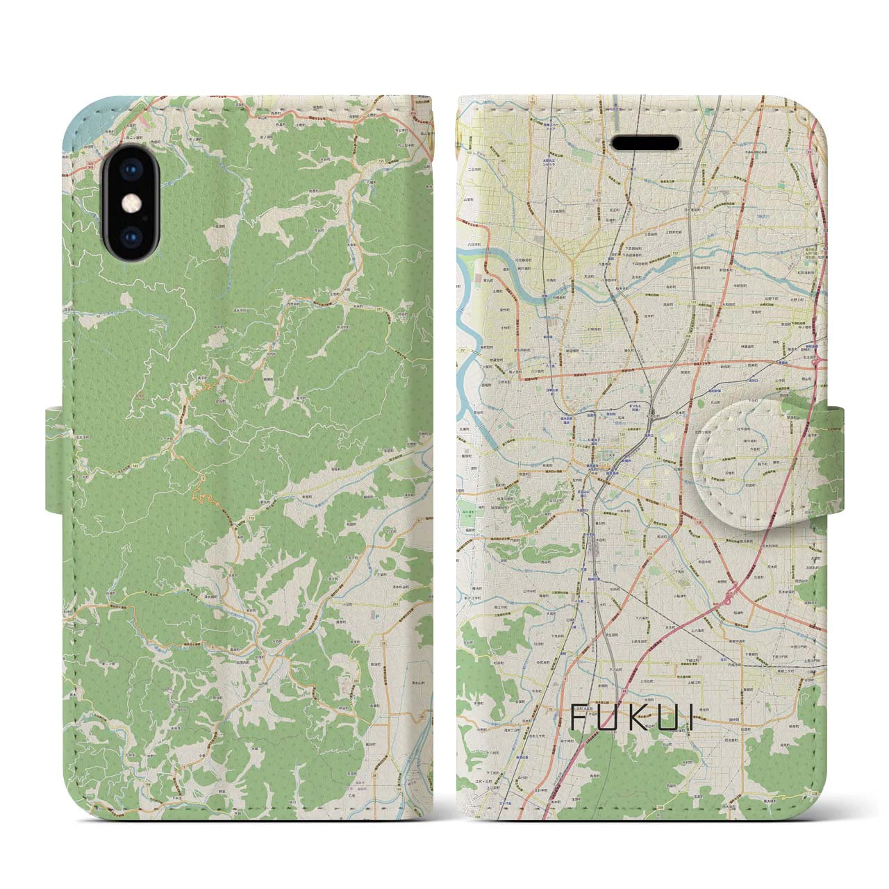 【福井(福井県)】地図柄iPhoneケース(手帳タイプ)ナチュラル・iPhone XS / X 用