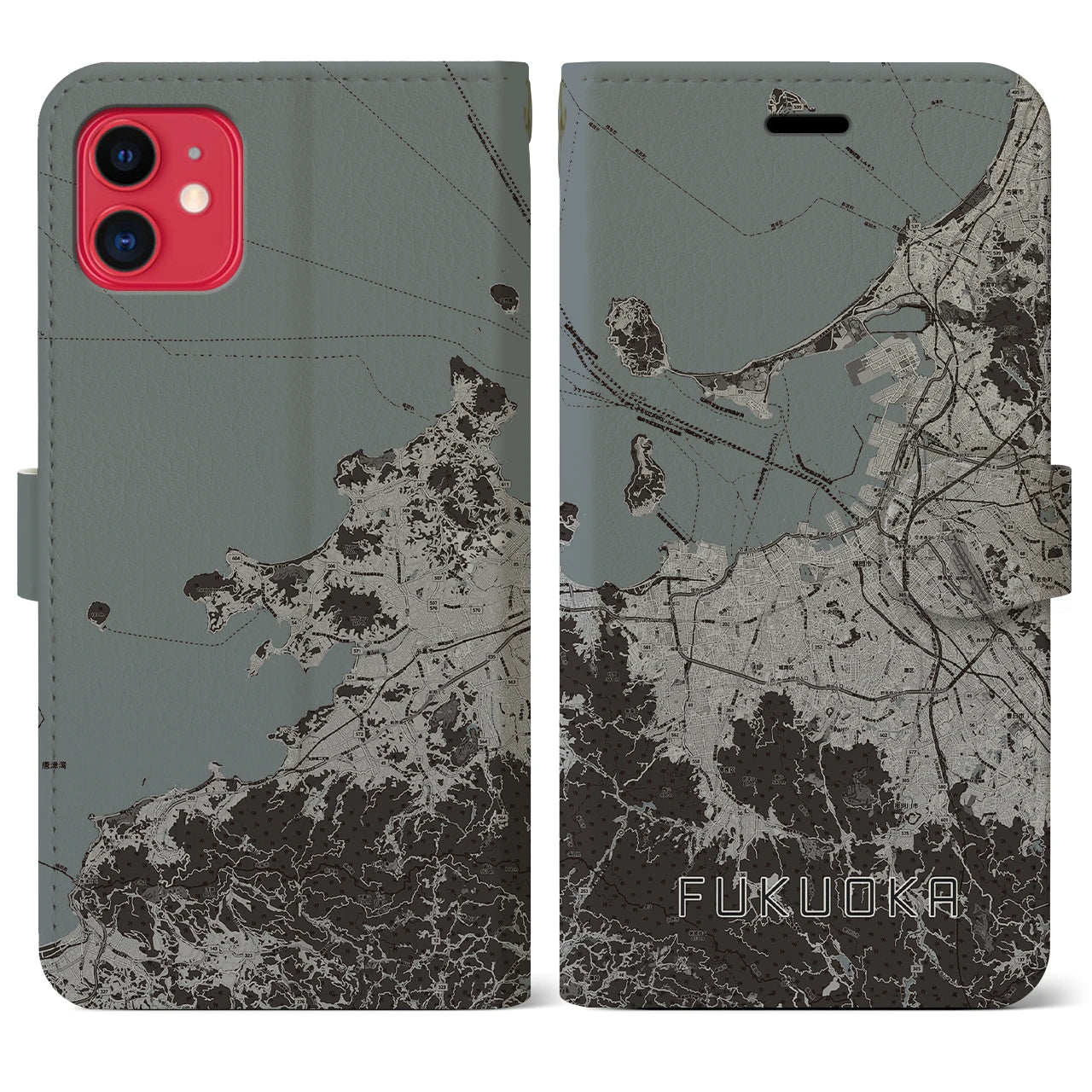 【福岡(福岡県)】地図柄iPhoneケース(手帳タイプ)モノトーン・iPhone 11 用