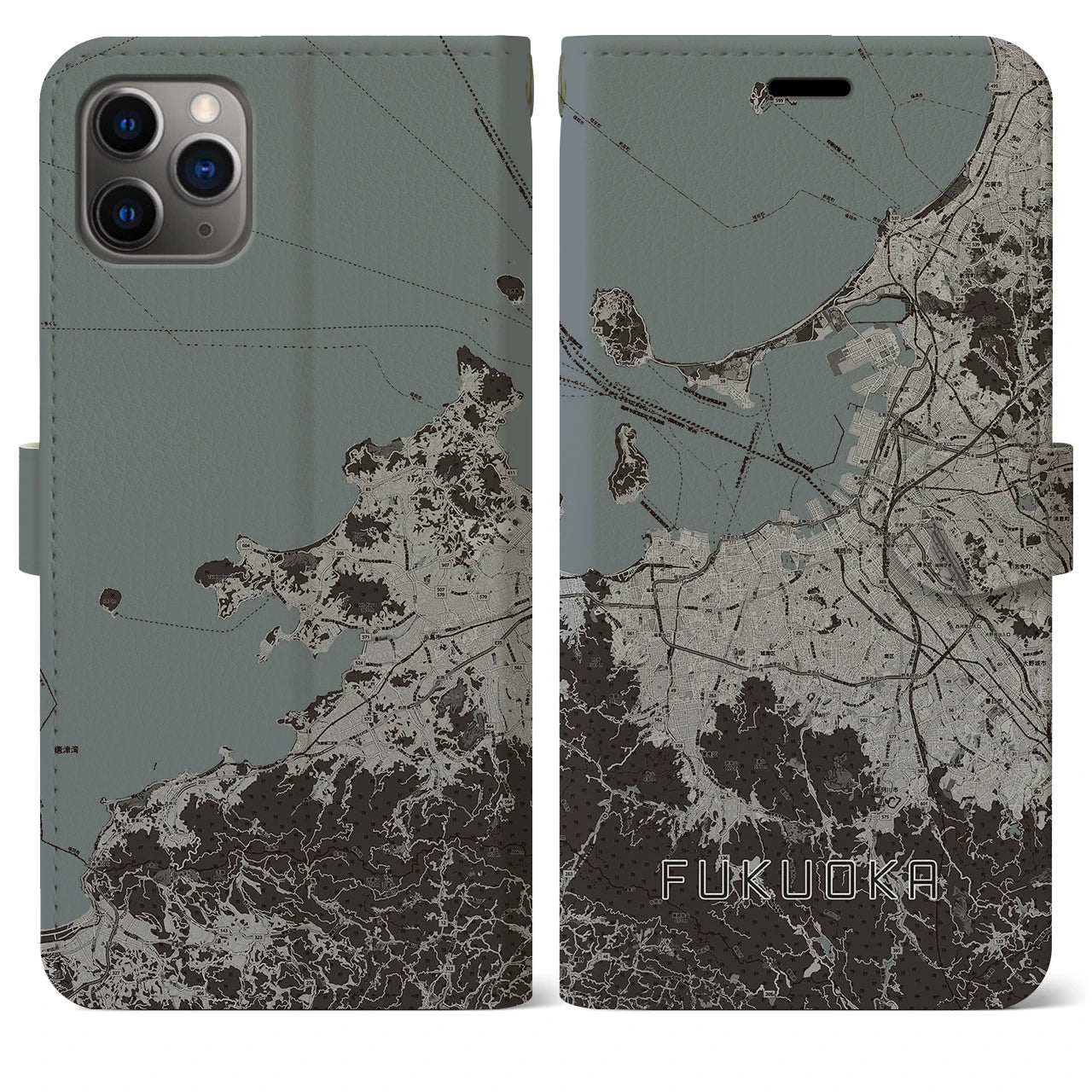 【福岡(福岡県)】地図柄iPhoneケース(手帳タイプ)モノトーン・iPhone 11 Pro Max 用