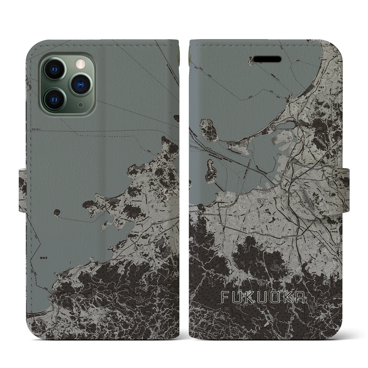【福岡(福岡県)】地図柄iPhoneケース(手帳タイプ)モノトーン・iPhone 11 Pro 用