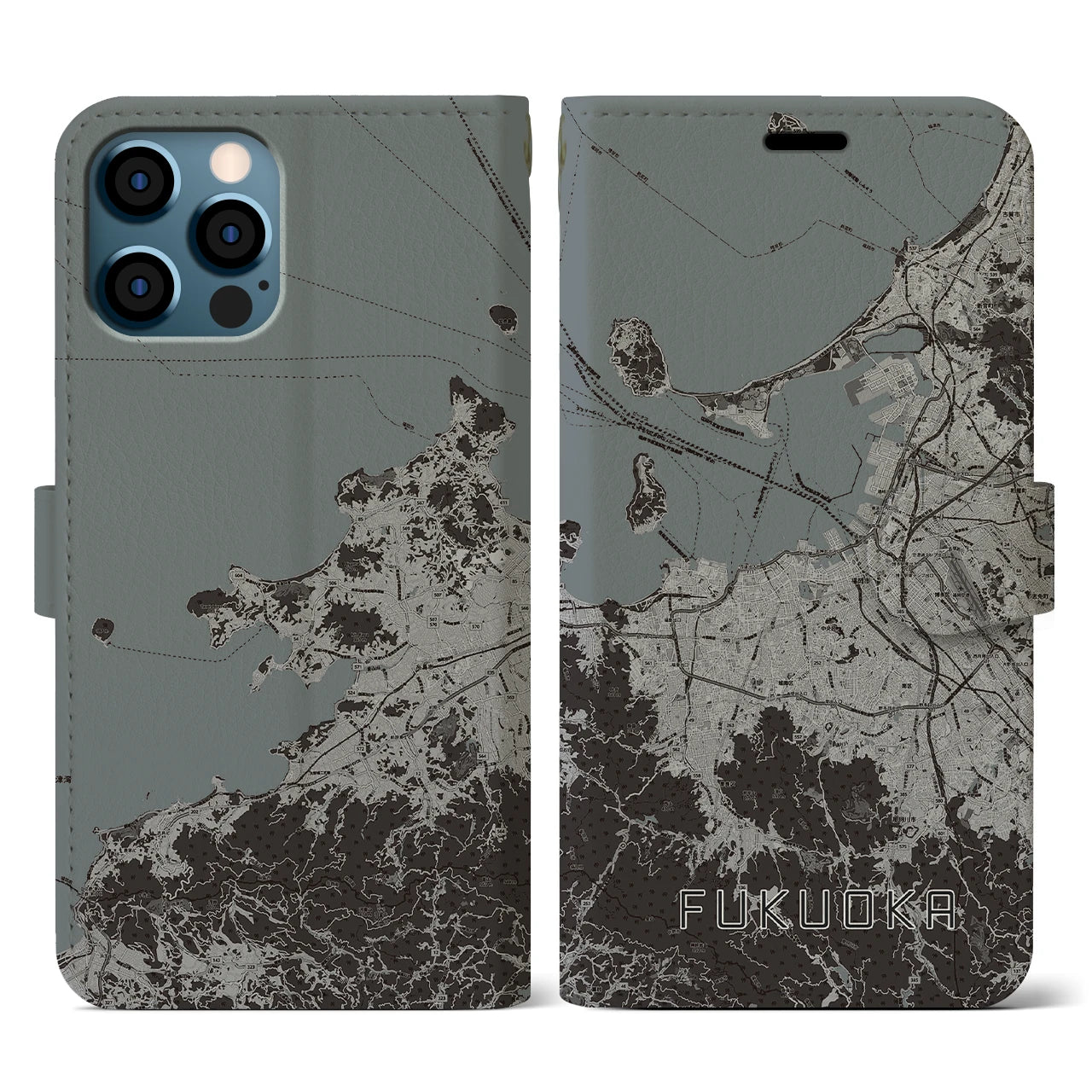 【福岡(福岡県)】地図柄iPhoneケース(手帳タイプ)モノトーン・iPhone 12 / 12 Pro 用
