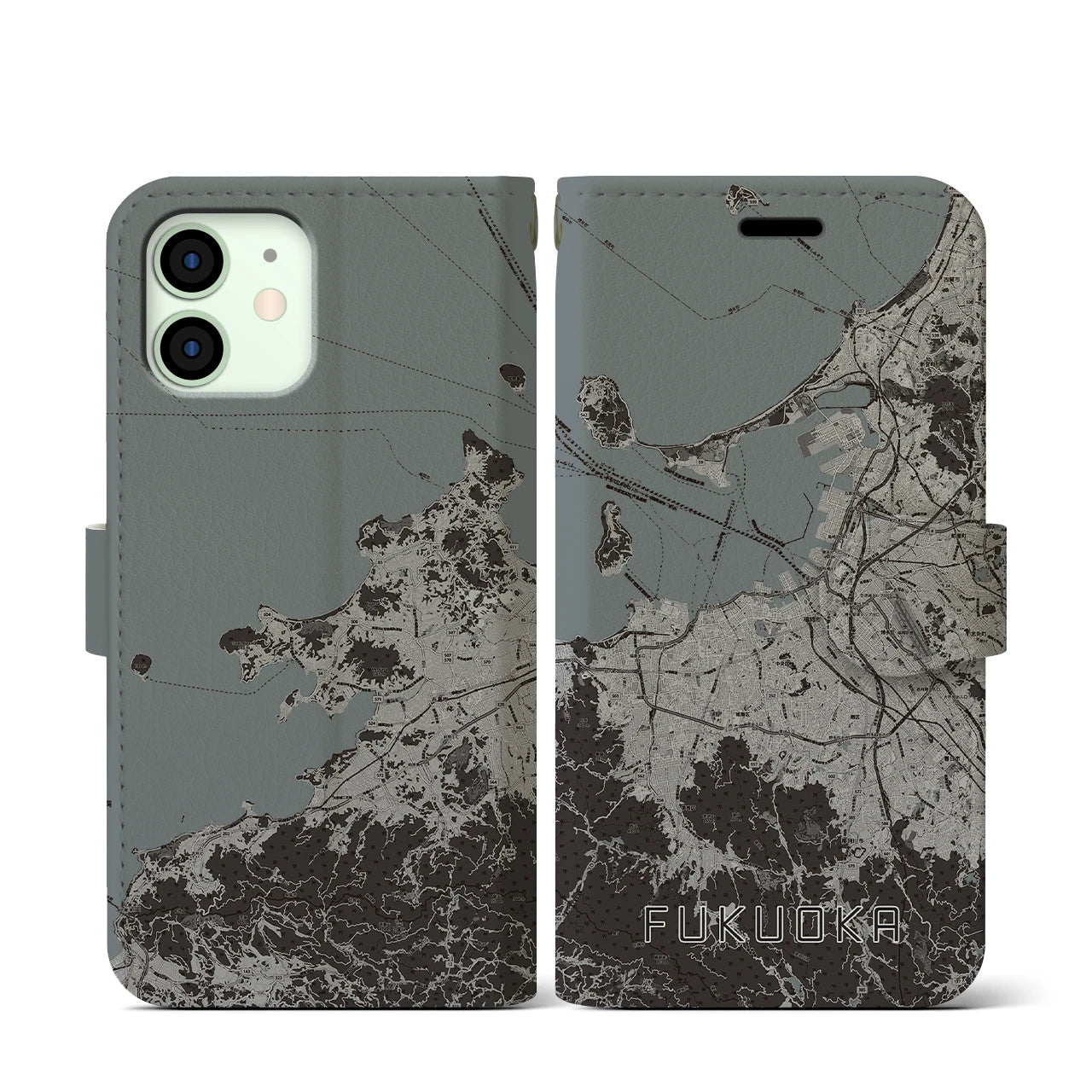 【福岡(福岡県)】地図柄iPhoneケース(手帳タイプ)モノトーン・iPhone 12 mini 用