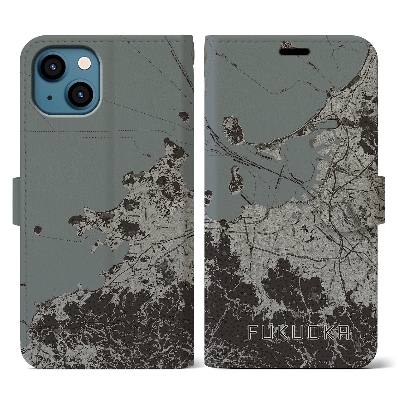 【福岡(福岡県)】地図柄iPhoneケース(手帳タイプ)モノトーン・iPhone 13 用