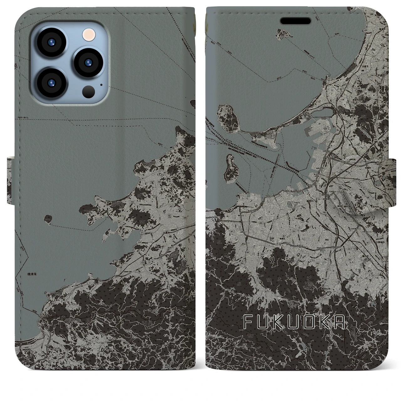 【福岡(福岡県)】地図柄iPhoneケース(手帳タイプ)モノトーン・iPhone 13 Pro Max 用