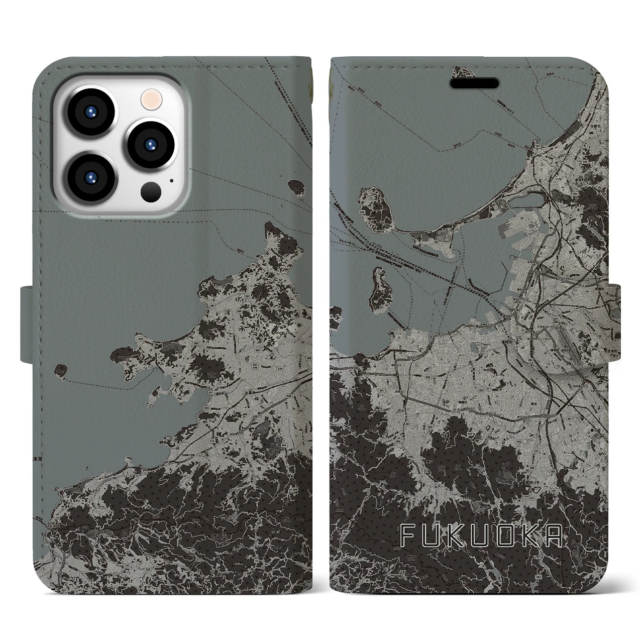 【福岡(福岡県)】地図柄iPhoneケース(手帳タイプ)モノトーン・iPhone 13 Pro 用