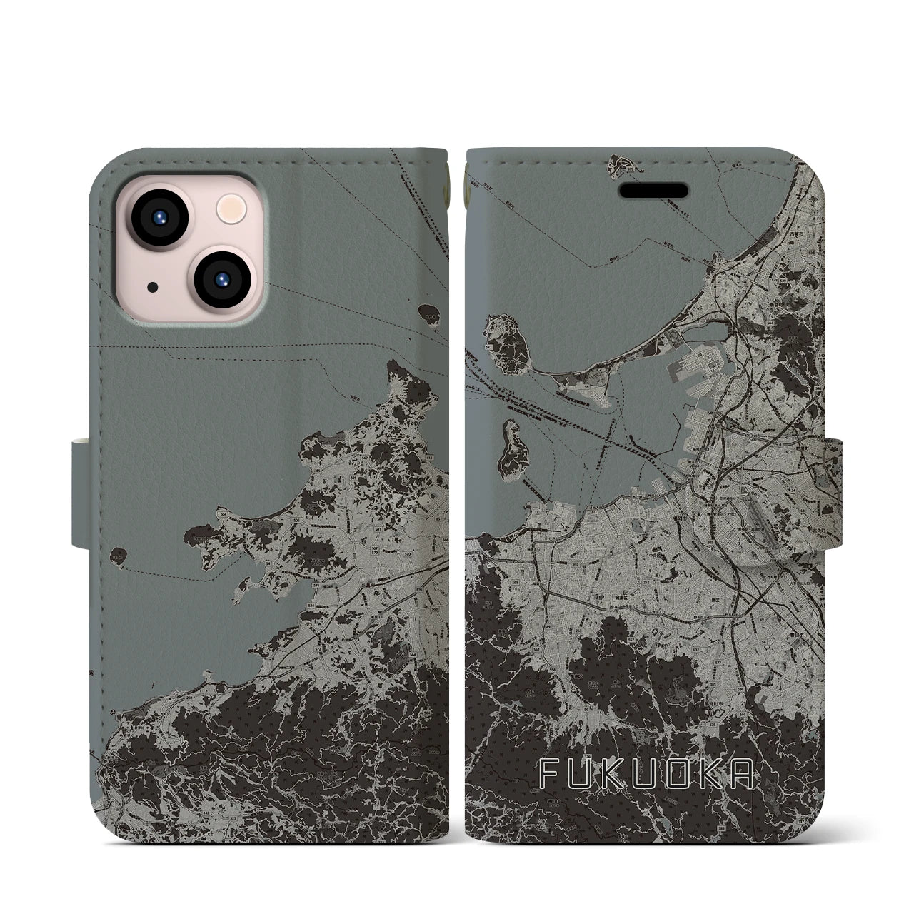 【福岡(福岡県)】地図柄iPhoneケース(手帳タイプ)モノトーン・iPhone 13 mini 用