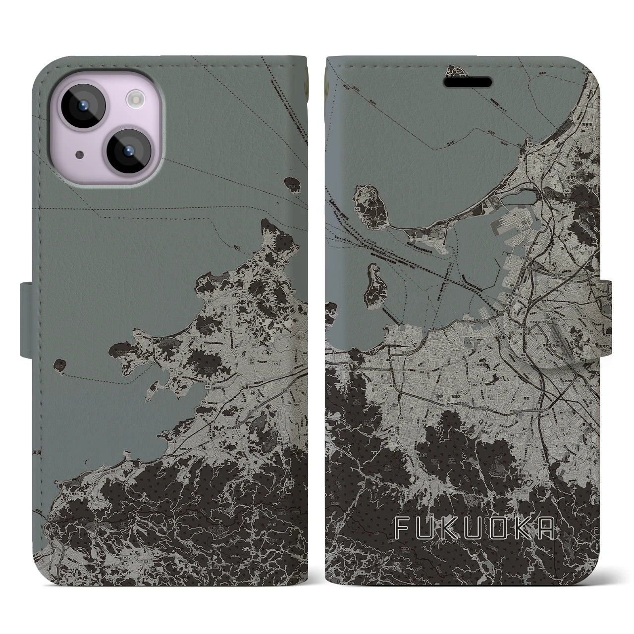 【福岡(福岡県)】地図柄iPhoneケース(手帳タイプ)モノトーン・iPhone 14 用