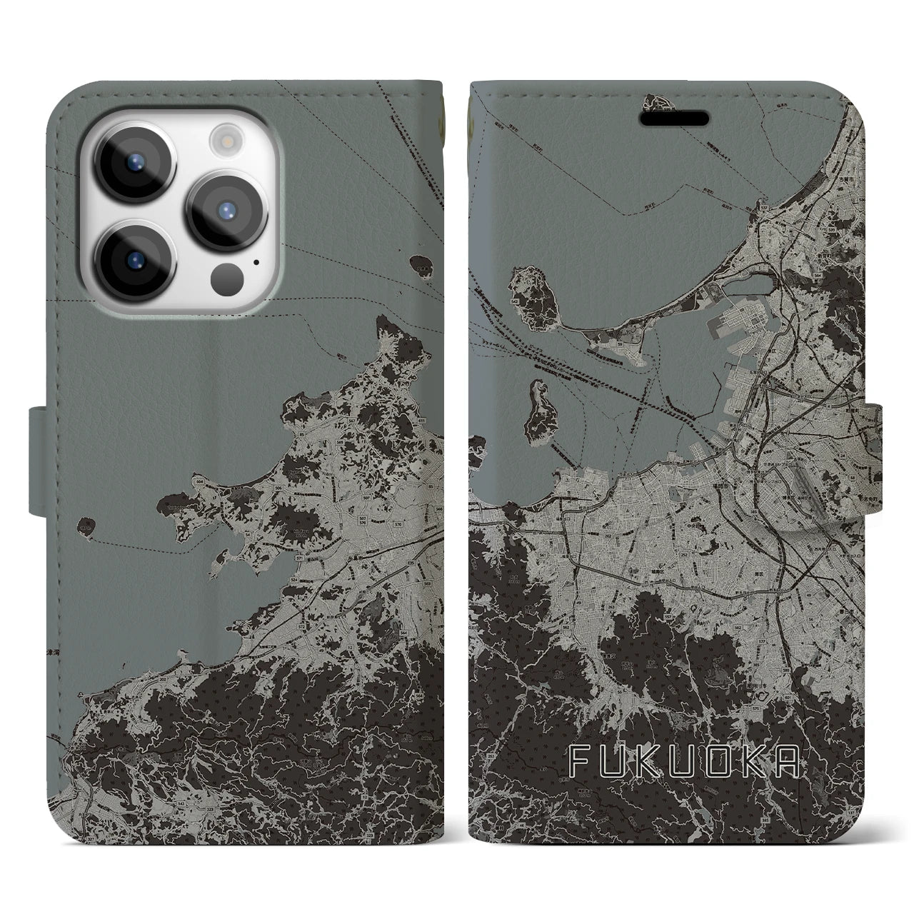 【福岡(福岡県)】地図柄iPhoneケース(手帳タイプ)モノトーン・iPhone 14 Pro 用