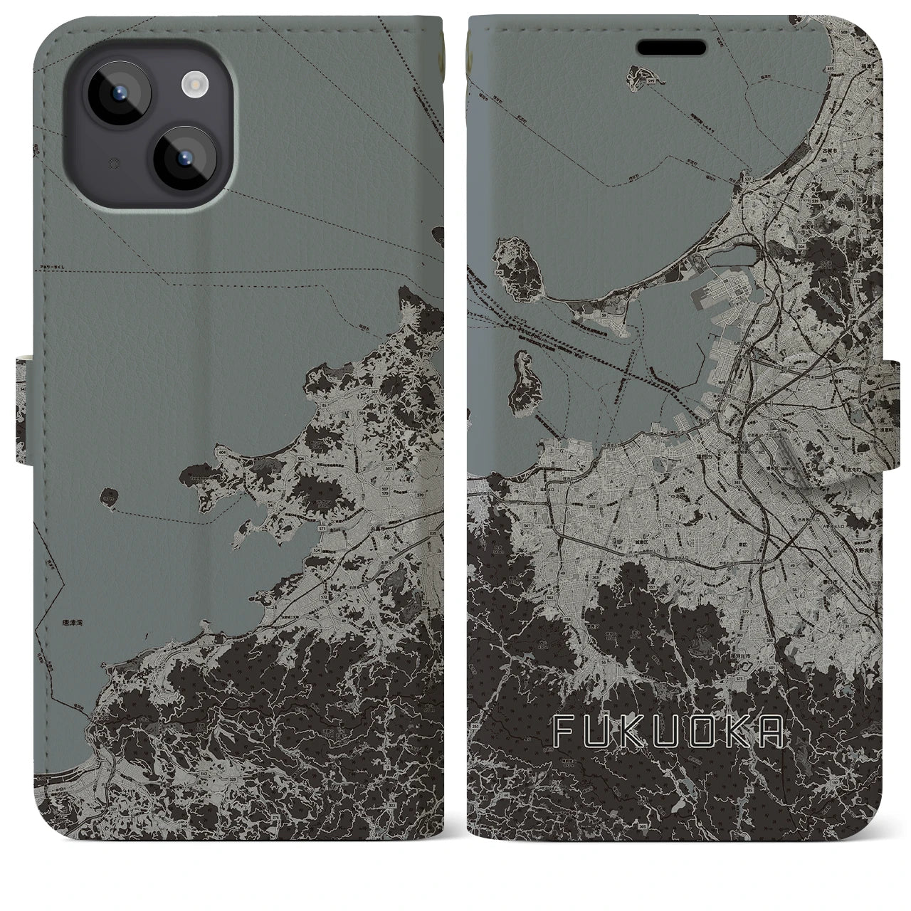 【福岡(福岡県)】地図柄iPhoneケース(手帳タイプ)モノトーン・iPhone 14 Plus 用