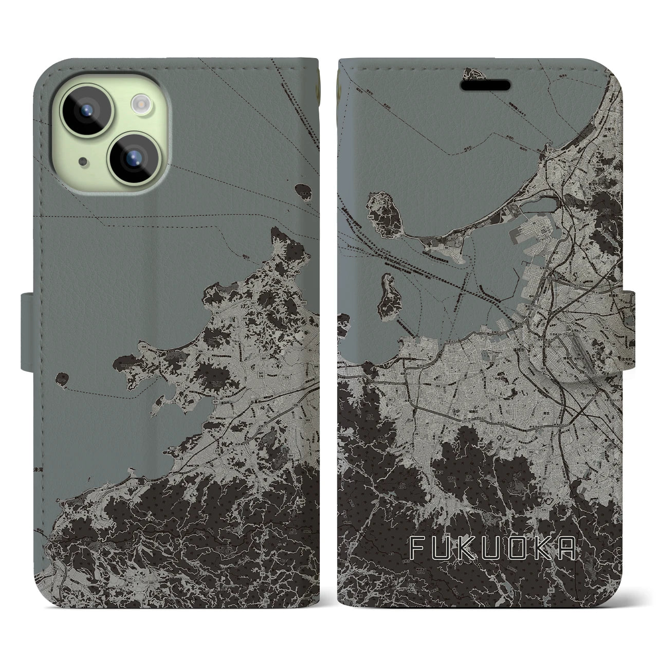 【福岡(福岡県)】地図柄iPhoneケース(手帳タイプ)モノトーン・iPhone 15 用