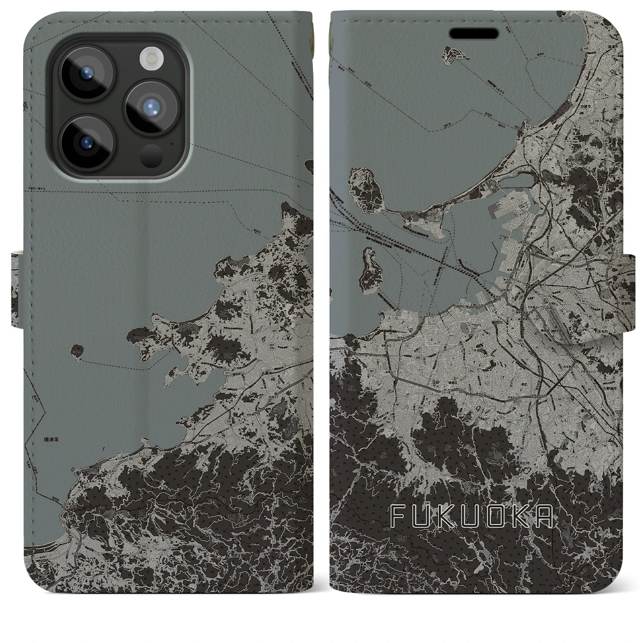 【福岡(福岡県)】地図柄iPhoneケース(手帳タイプ)モノトーン・iPhone 15 Pro Max 用