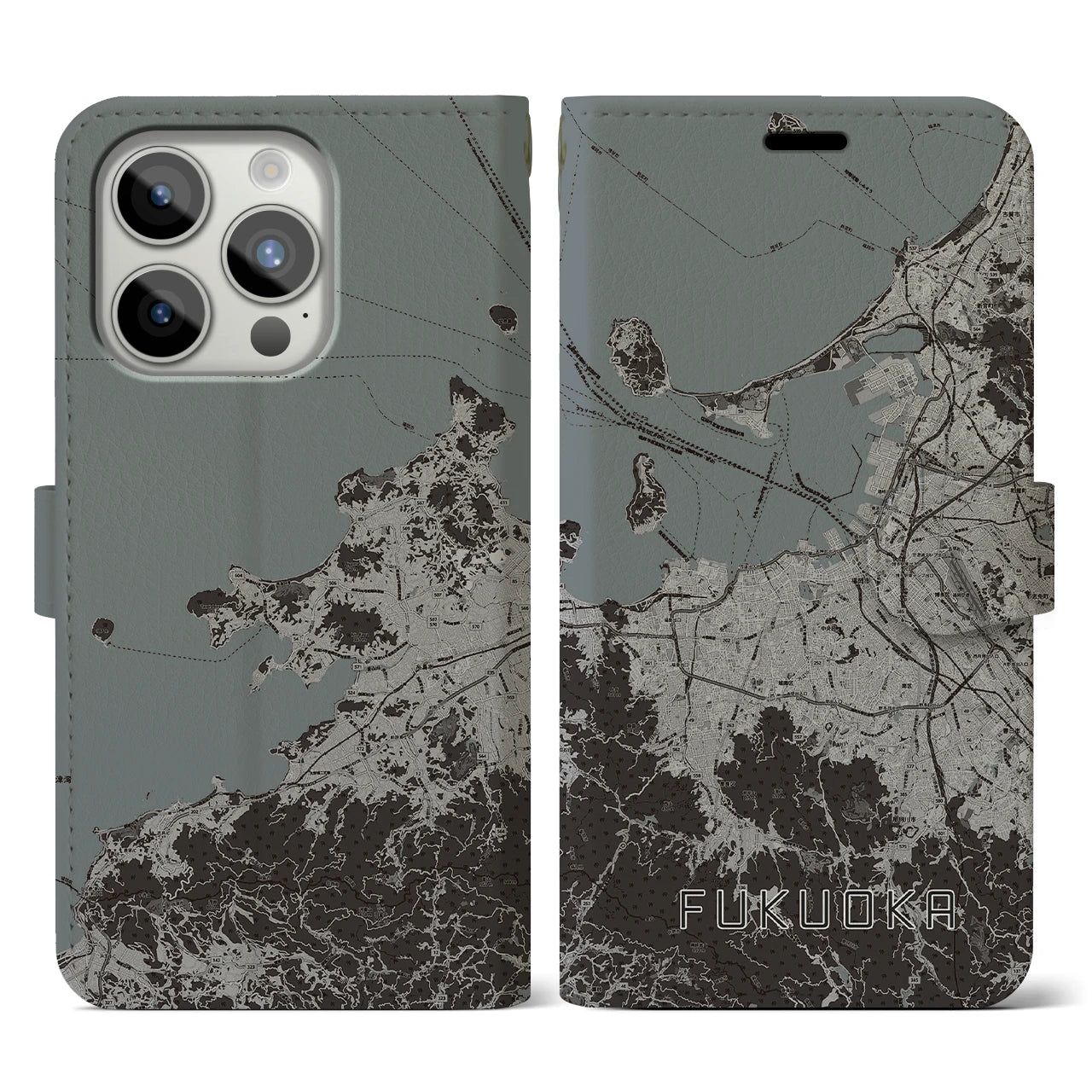 【福岡(福岡県)】地図柄iPhoneケース(手帳タイプ)モノトーン・iPhone 15 Pro 用