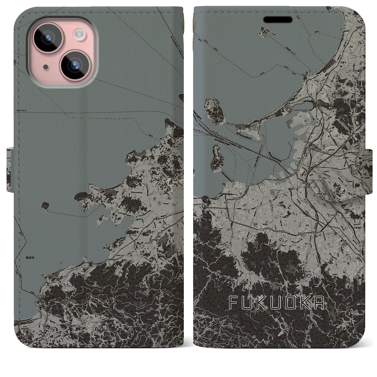 【福岡(福岡県)】地図柄iPhoneケース(手帳タイプ)モノトーン・iPhone 15 Plus 用