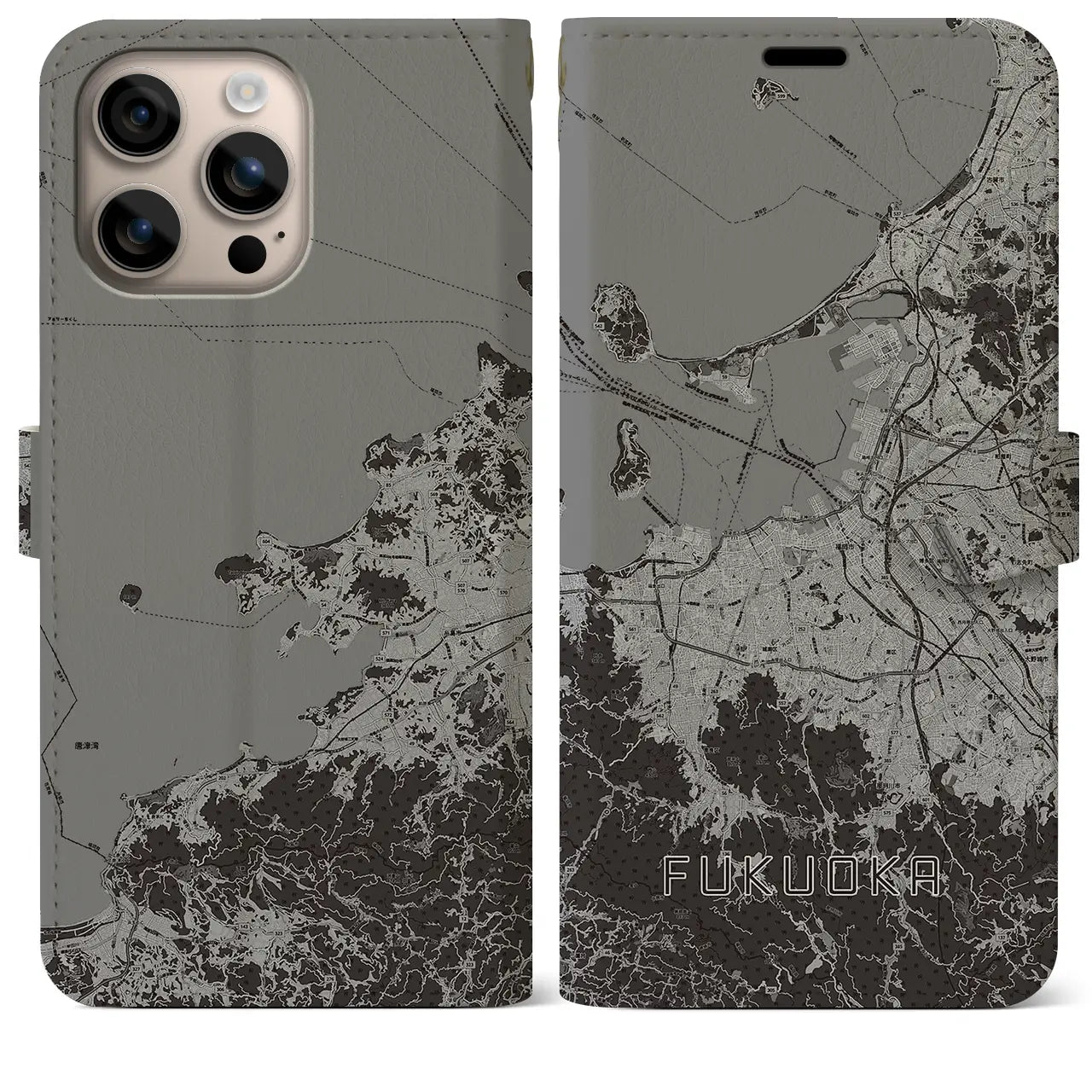 【福岡(福岡県)】地図柄iPhoneケース(手帳タイプ)モノトーン・iPhone 16 Plus 用
