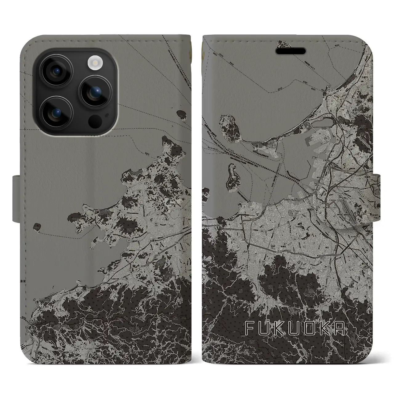 【福岡(福岡県)】地図柄iPhoneケース(手帳タイプ)モノトーン・iPhone 16 用