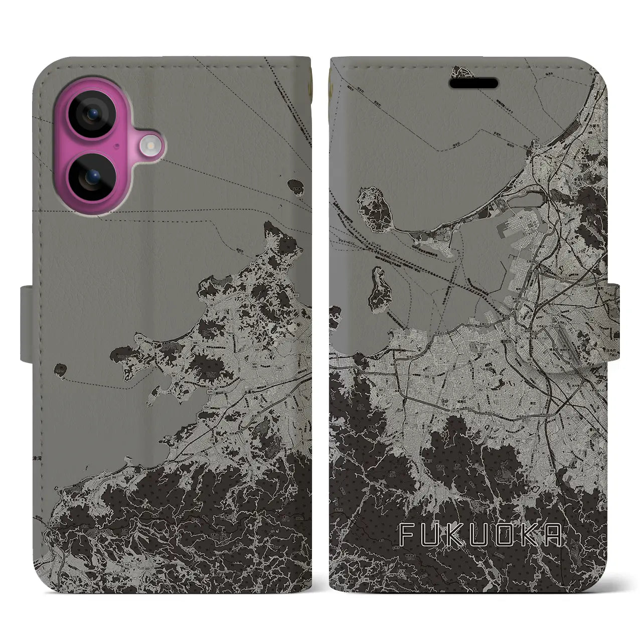 【福岡(福岡県)】地図柄iPhoneケース(手帳タイプ)モノトーン・iPhone 16 Pro 用