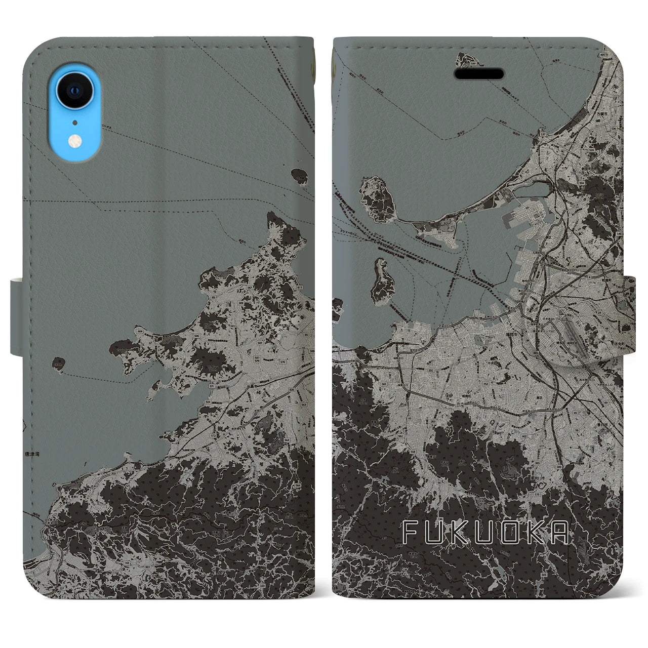 【福岡(福岡県)】地図柄iPhoneケース(手帳タイプ)モノトーン・iPhone XR 用