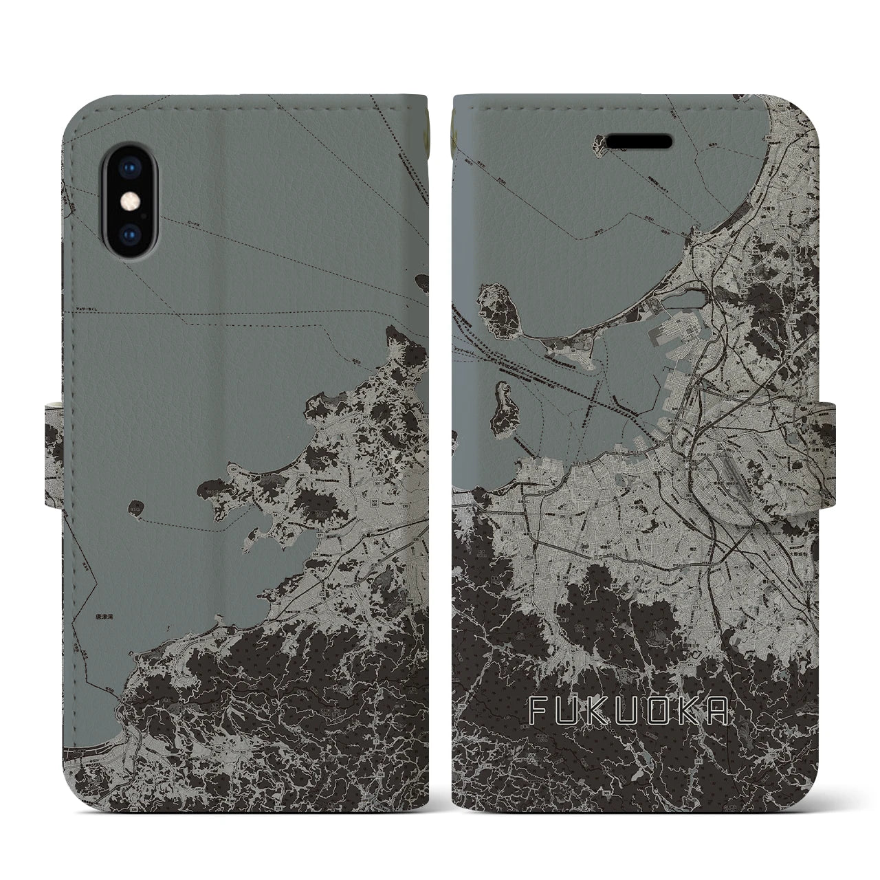 【福岡(福岡県)】地図柄iPhoneケース(手帳タイプ)モノトーン・iPhone XS / X 用