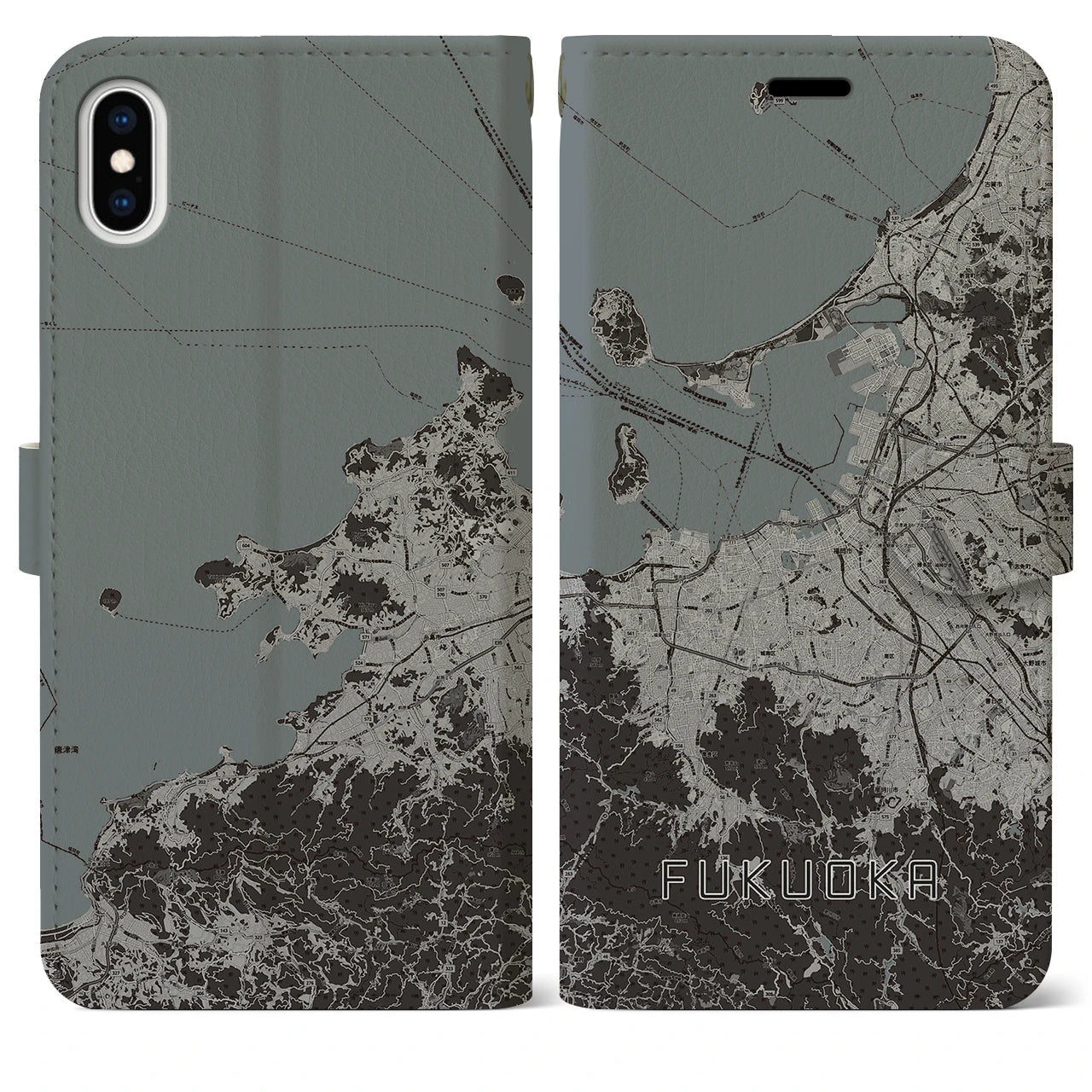 【福岡(福岡県)】地図柄iPhoneケース(手帳タイプ)モノトーン・iPhone XS Max 用