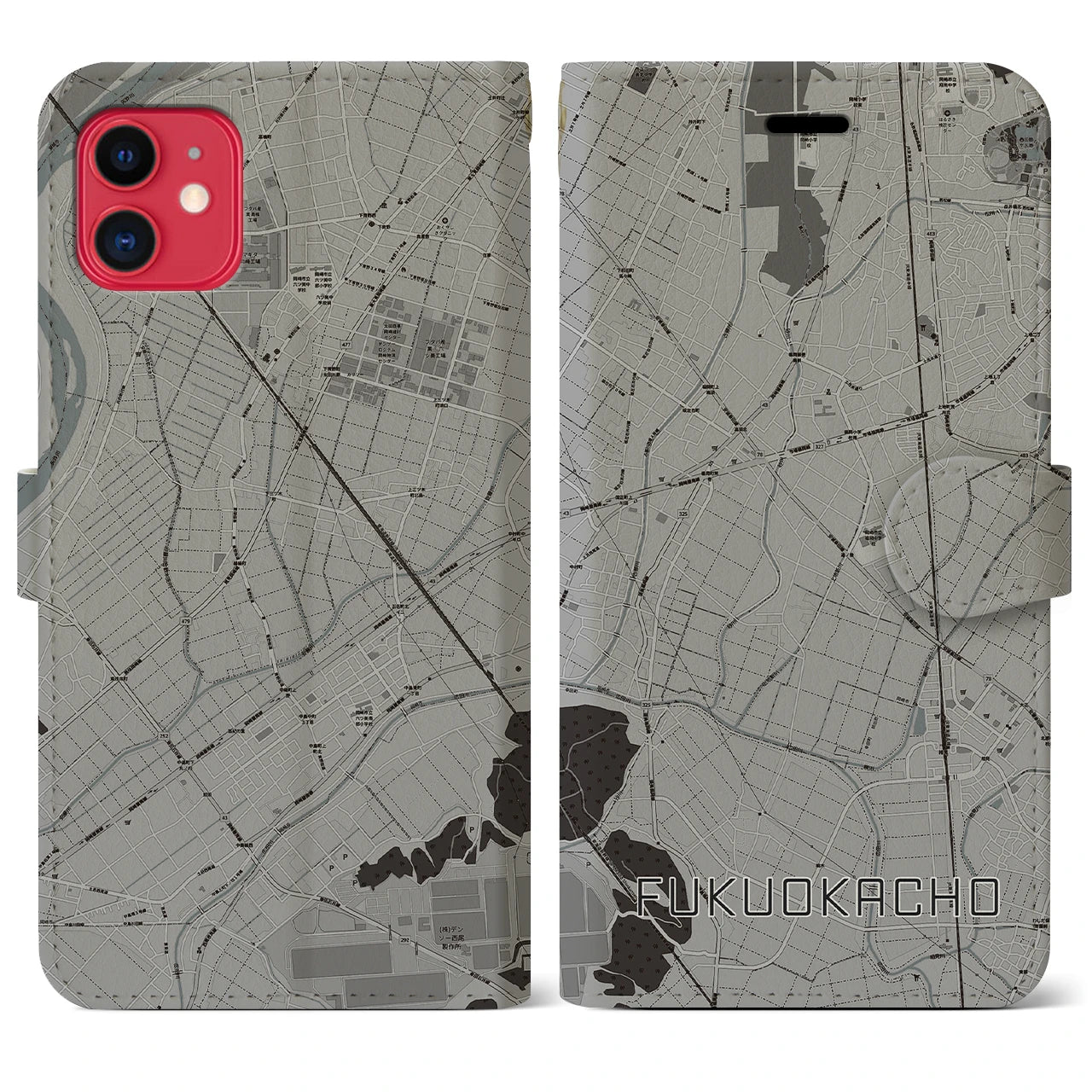 【福岡町(愛知県)】地図柄iPhoneケース(手帳タイプ)モノトーン・iPhone 11 用
