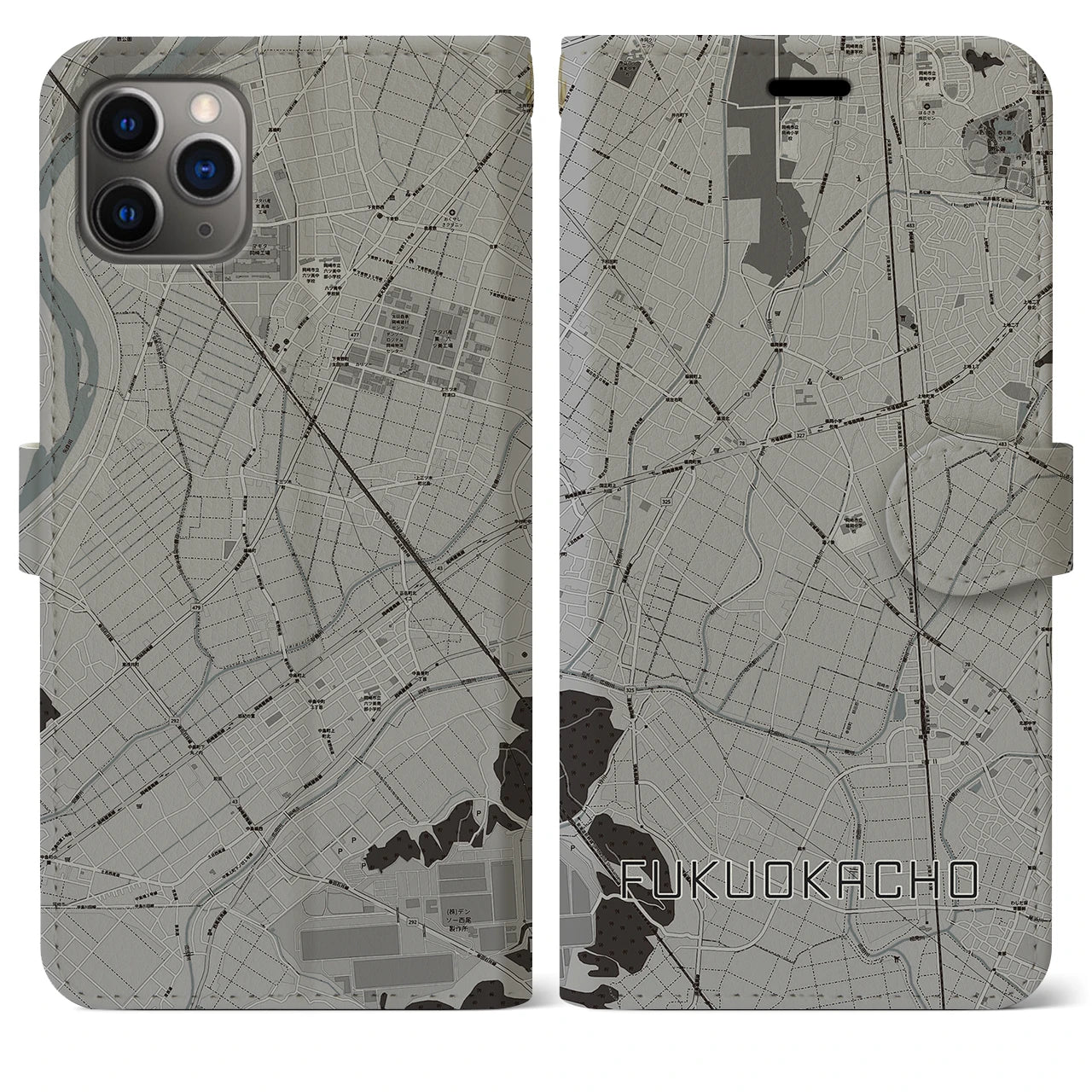 【福岡町(愛知県)】地図柄iPhoneケース(手帳タイプ)モノトーン・iPhone 11 Pro Max 用