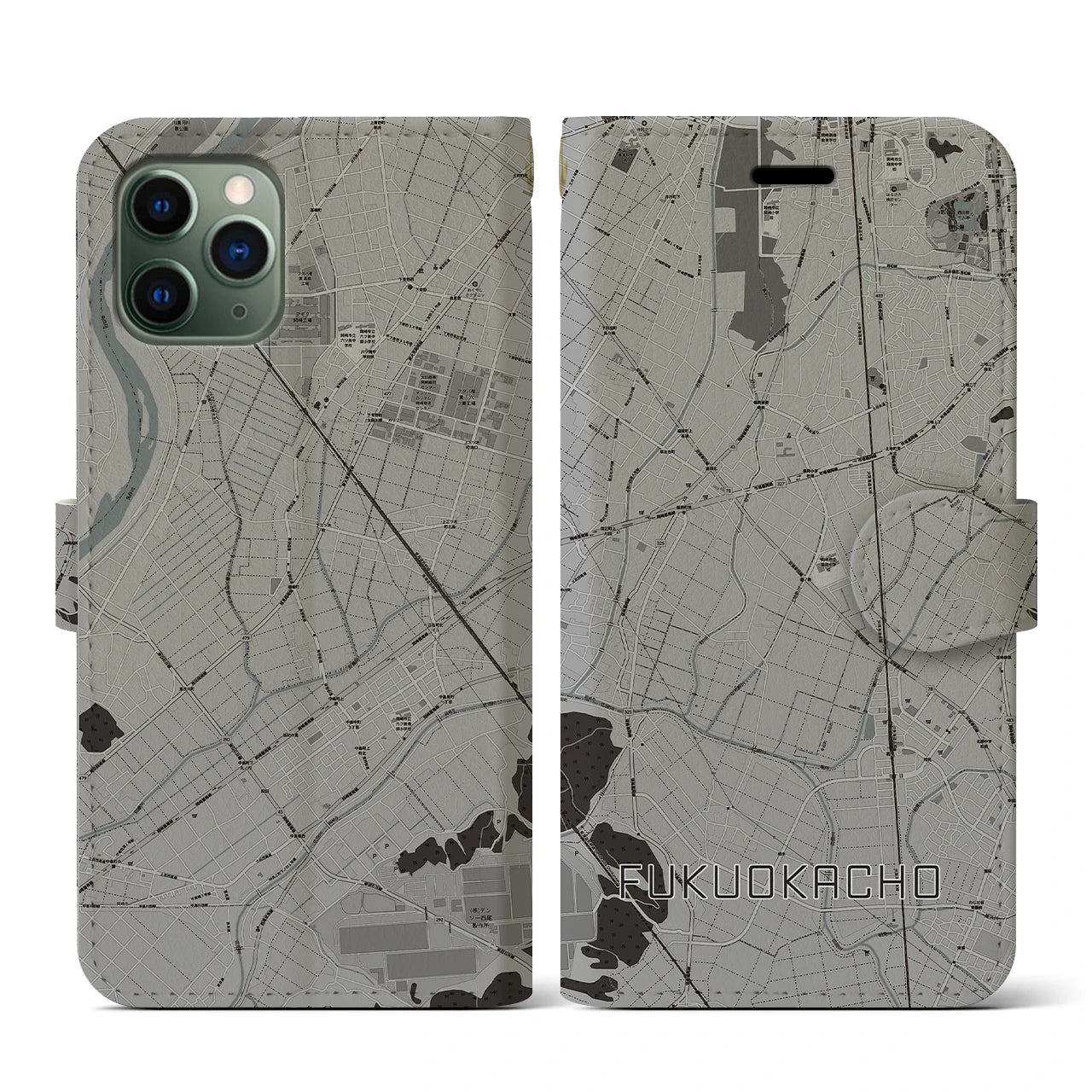 【福岡町(愛知県)】地図柄iPhoneケース(手帳タイプ)モノトーン・iPhone 11 Pro 用