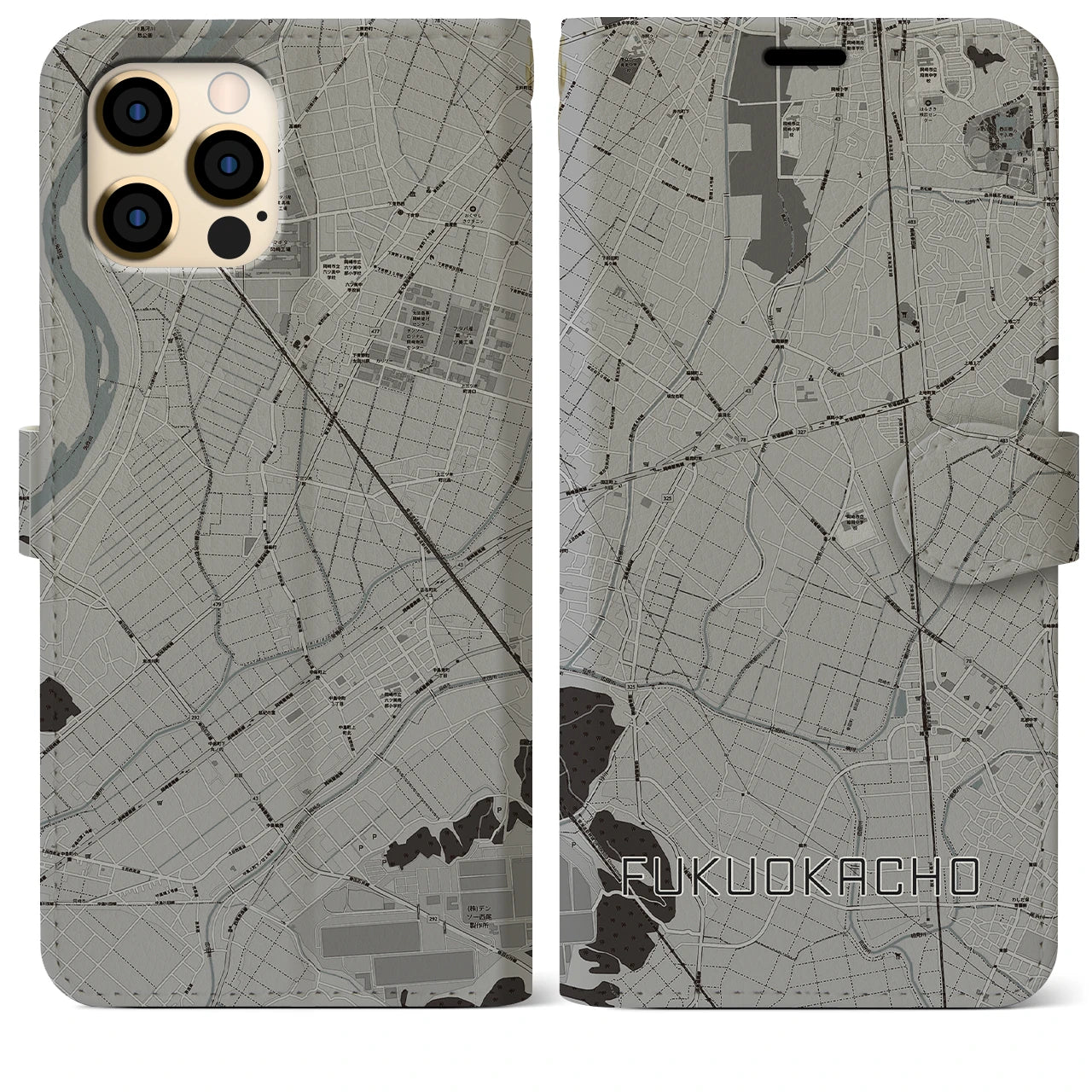 【福岡町(愛知県)】地図柄iPhoneケース(手帳タイプ)モノトーン・iPhone 12 Pro Max 用