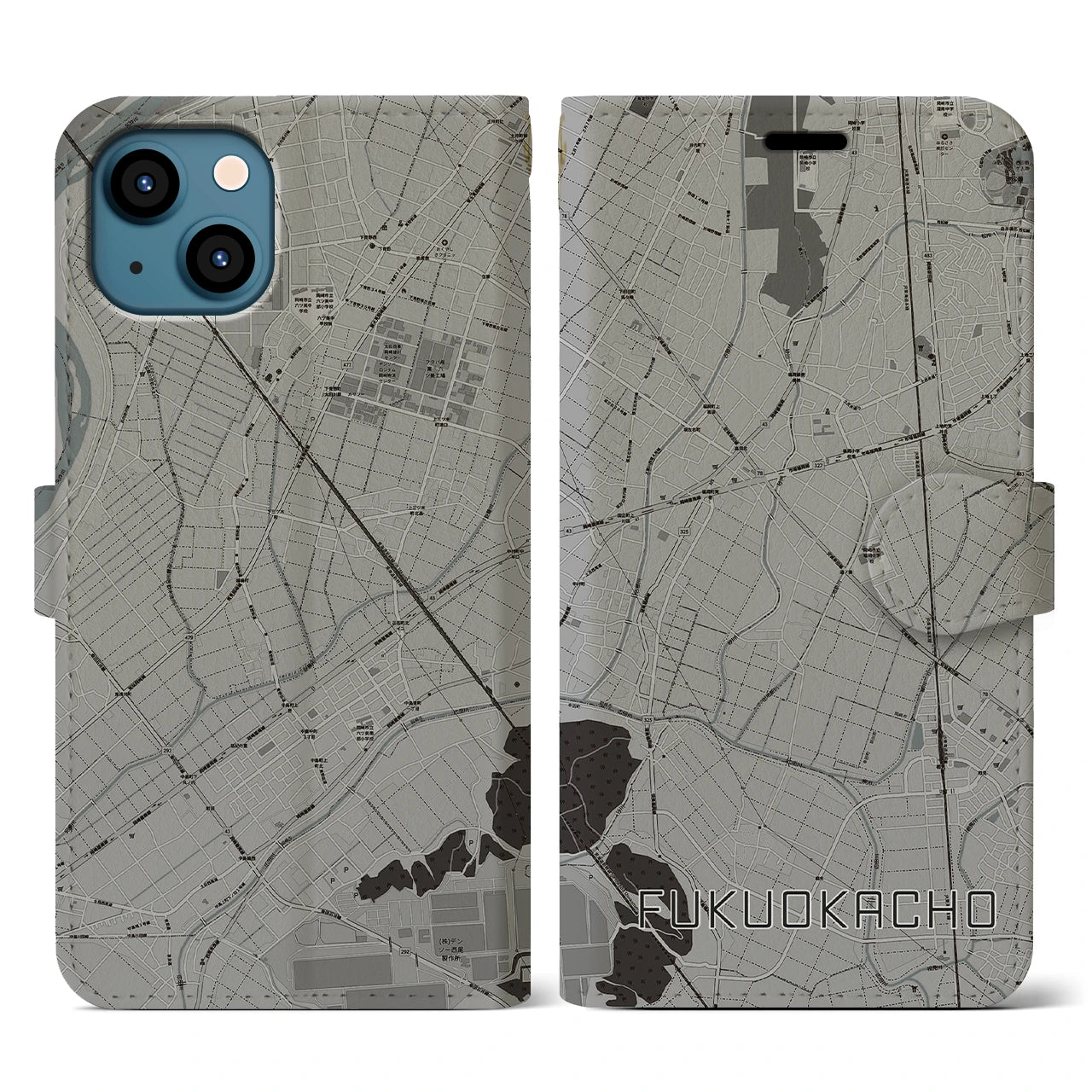 【福岡町(愛知県)】地図柄iPhoneケース(手帳タイプ)モノトーン・iPhone 13 用