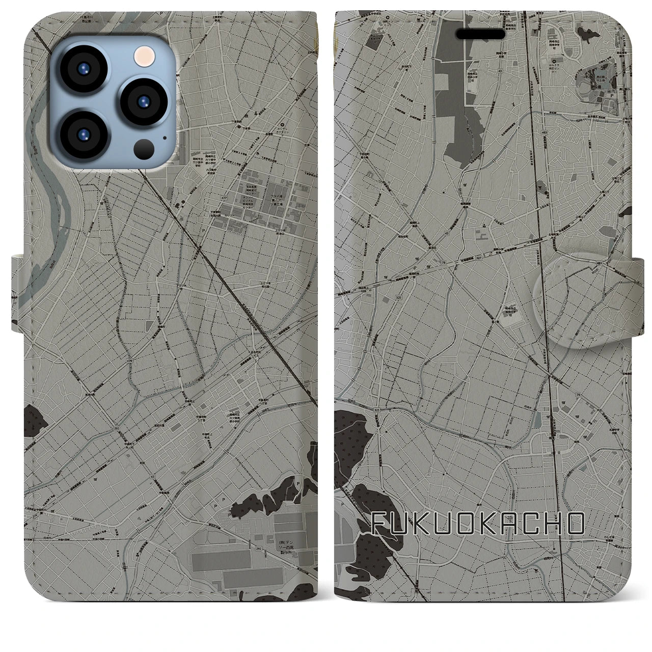 【福岡町(愛知県)】地図柄iPhoneケース(手帳タイプ)モノトーン・iPhone 13 Pro Max 用