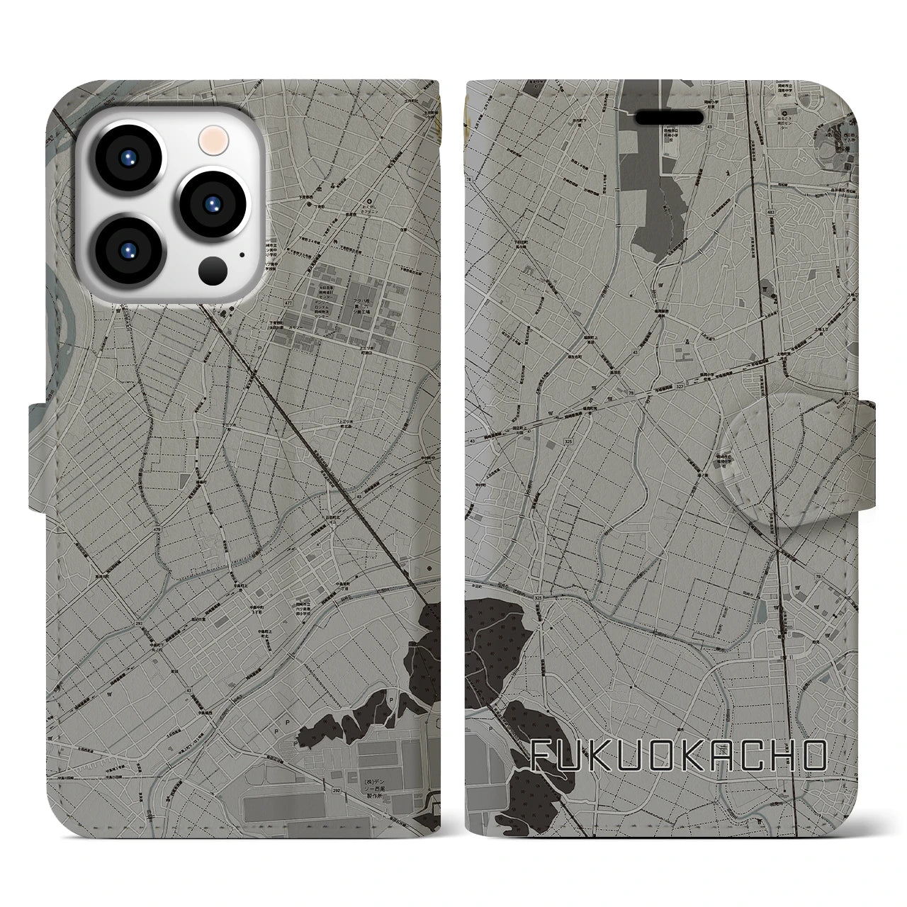 【福岡町(愛知県)】地図柄iPhoneケース(手帳タイプ)モノトーン・iPhone 13 Pro 用