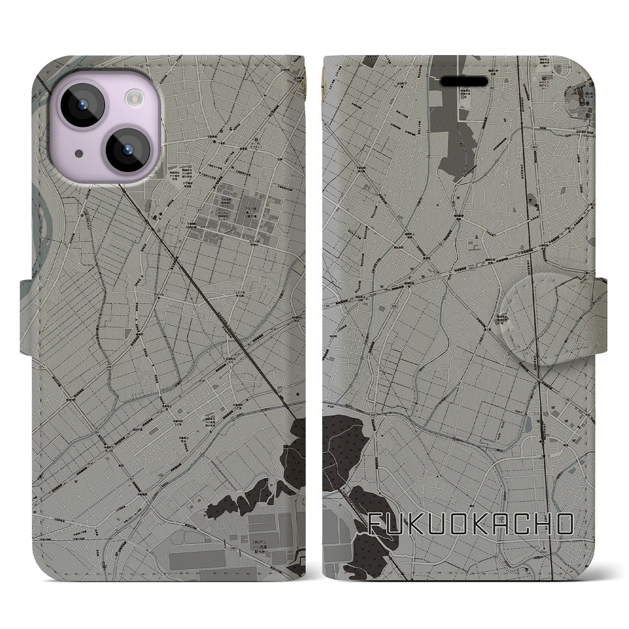 【福岡町(愛知県)】地図柄iPhoneケース(手帳タイプ)モノトーン・iPhone 14 用