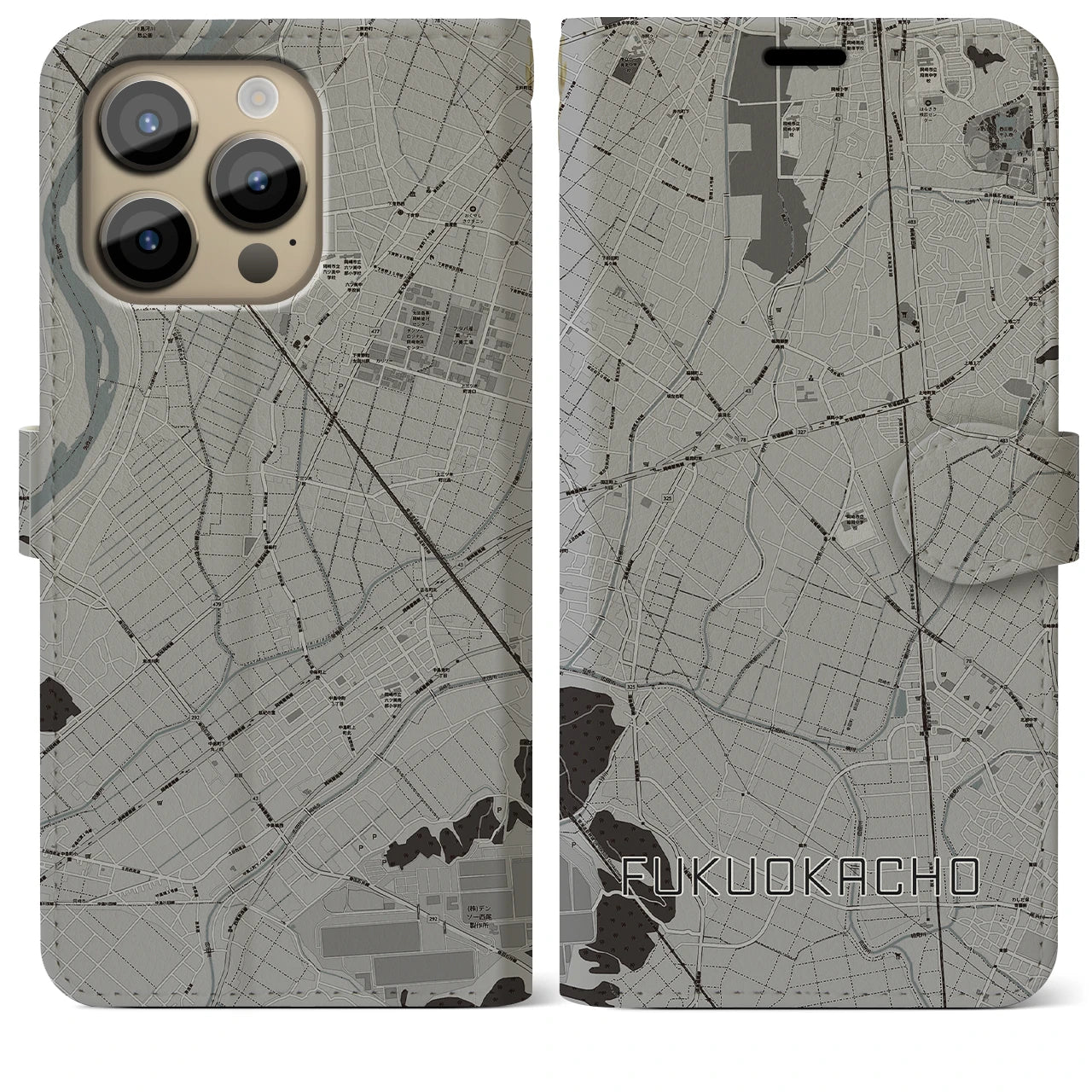 【福岡町(愛知県)】地図柄iPhoneケース(手帳タイプ)モノトーン・iPhone 14 Pro Max 用