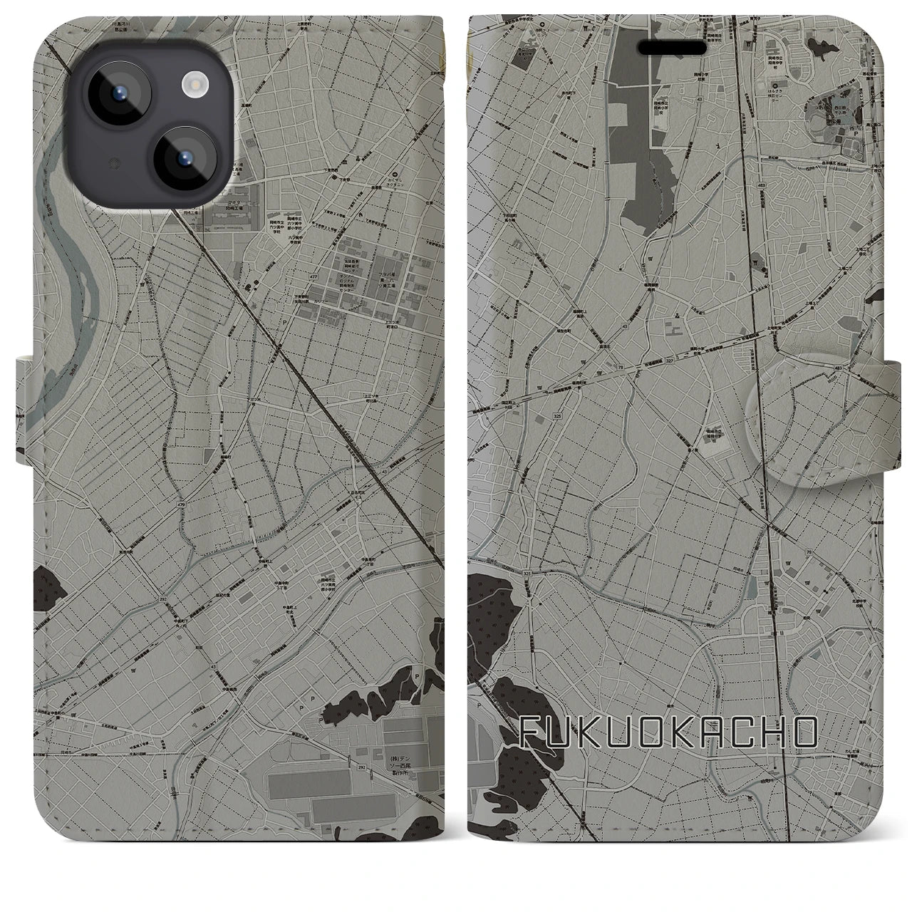 【福岡町(愛知県)】地図柄iPhoneケース(手帳タイプ)モノトーン・iPhone 14 Plus 用