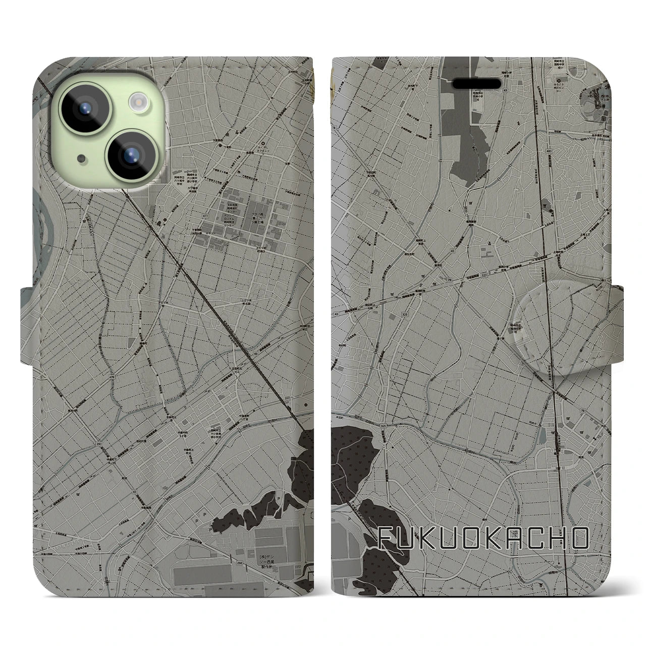 【福岡町(愛知県)】地図柄iPhoneケース(手帳タイプ)モノトーン・iPhone 15 用