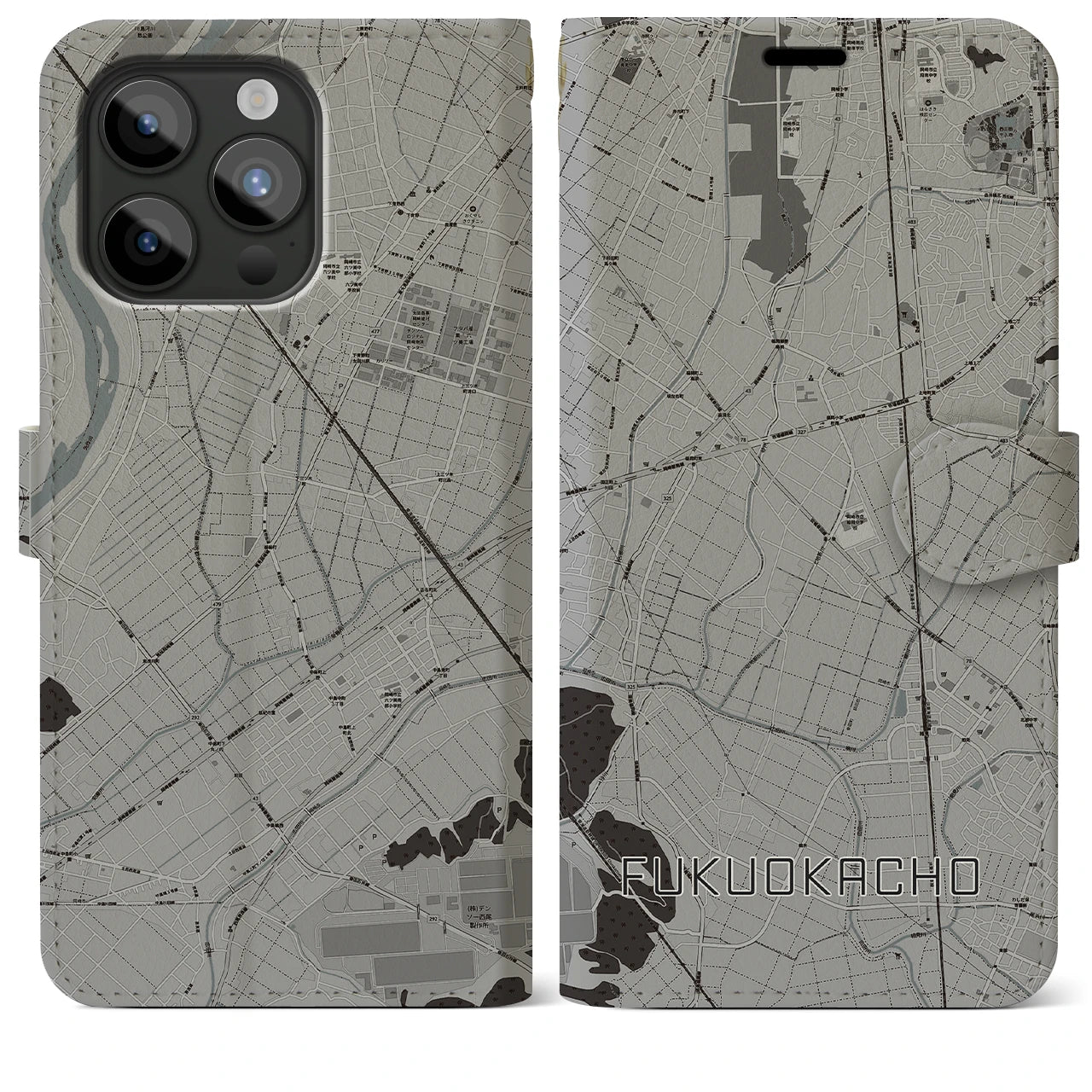 【福岡町(愛知県)】地図柄iPhoneケース(手帳タイプ)モノトーン・iPhone 15 Pro Max 用