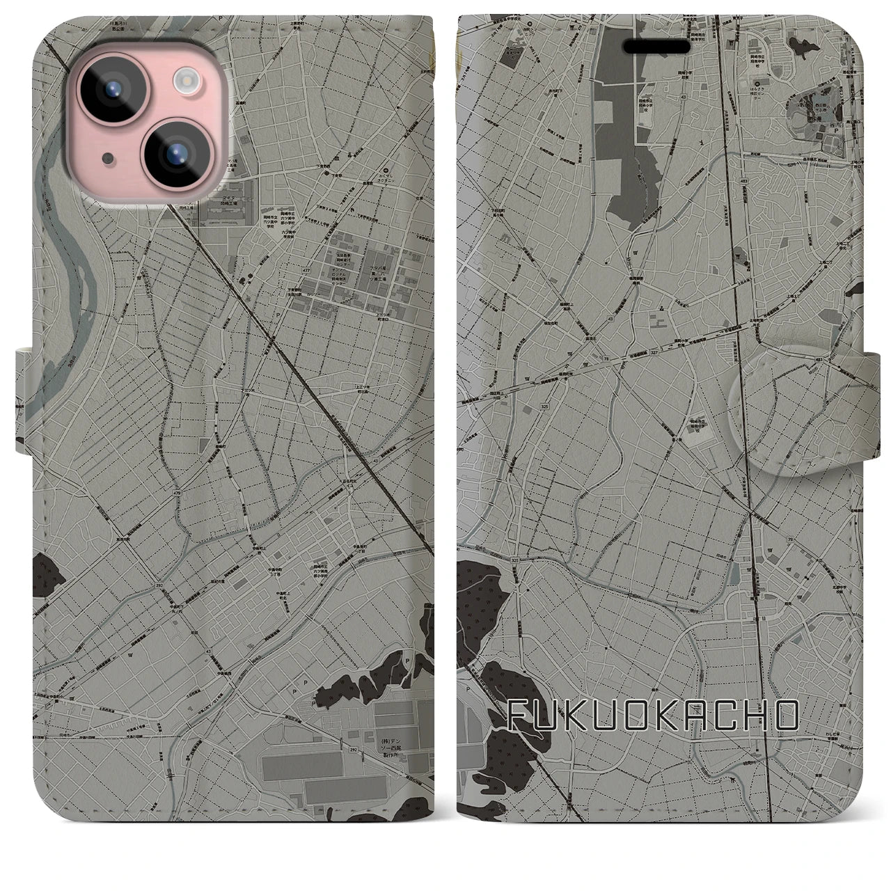 【福岡町(愛知県)】地図柄iPhoneケース(手帳タイプ)モノトーン・iPhone 15 Plus 用