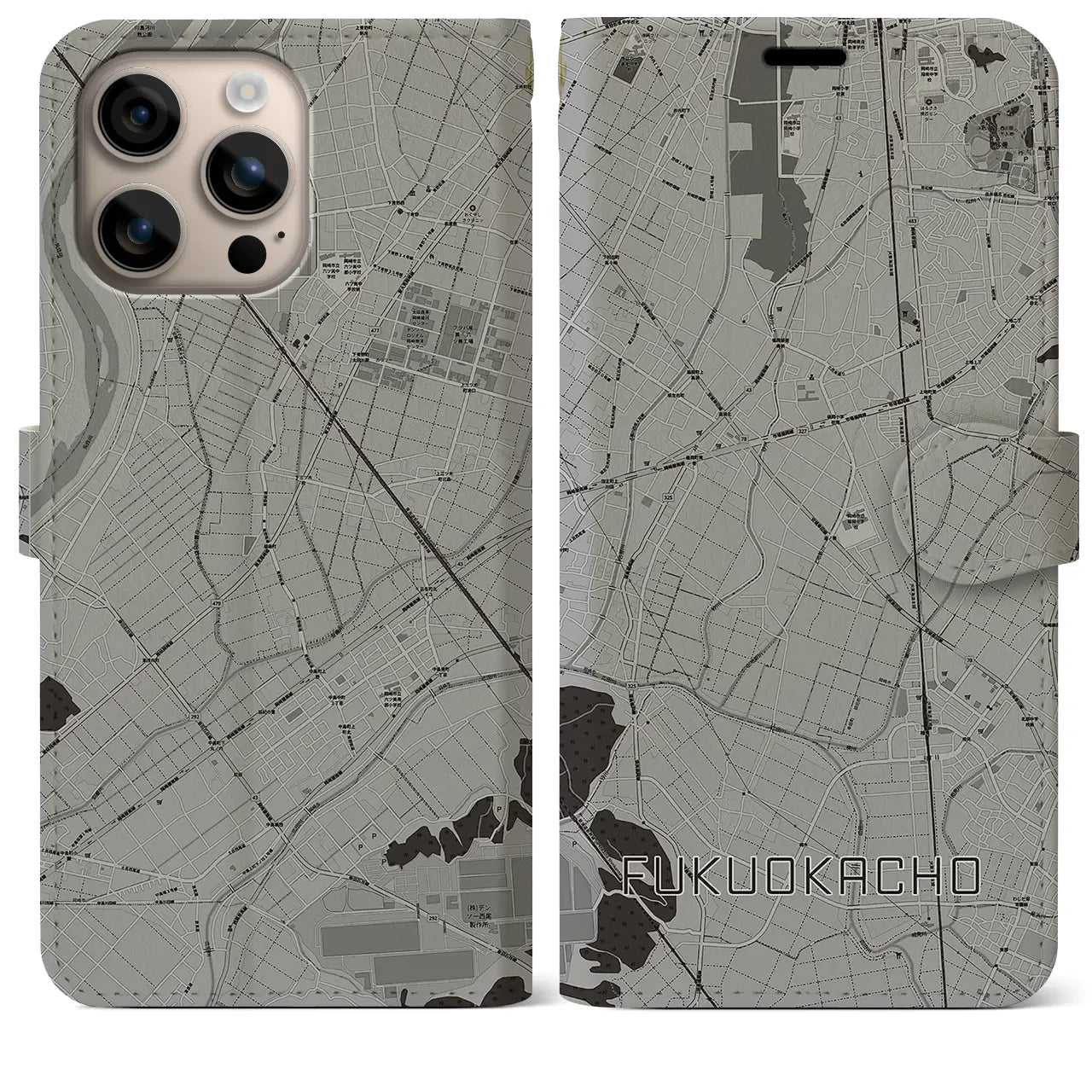 【福岡町(愛知県)】地図柄iPhoneケース(手帳タイプ)モノトーン・iPhone 16 Plus 用