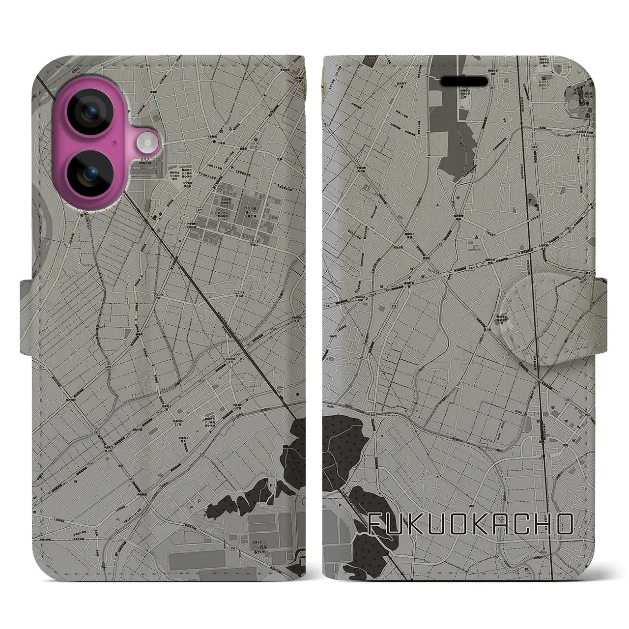 【福岡町(愛知県)】地図柄iPhoneケース(手帳タイプ)モノトーン・iPhone 16 Pro 用