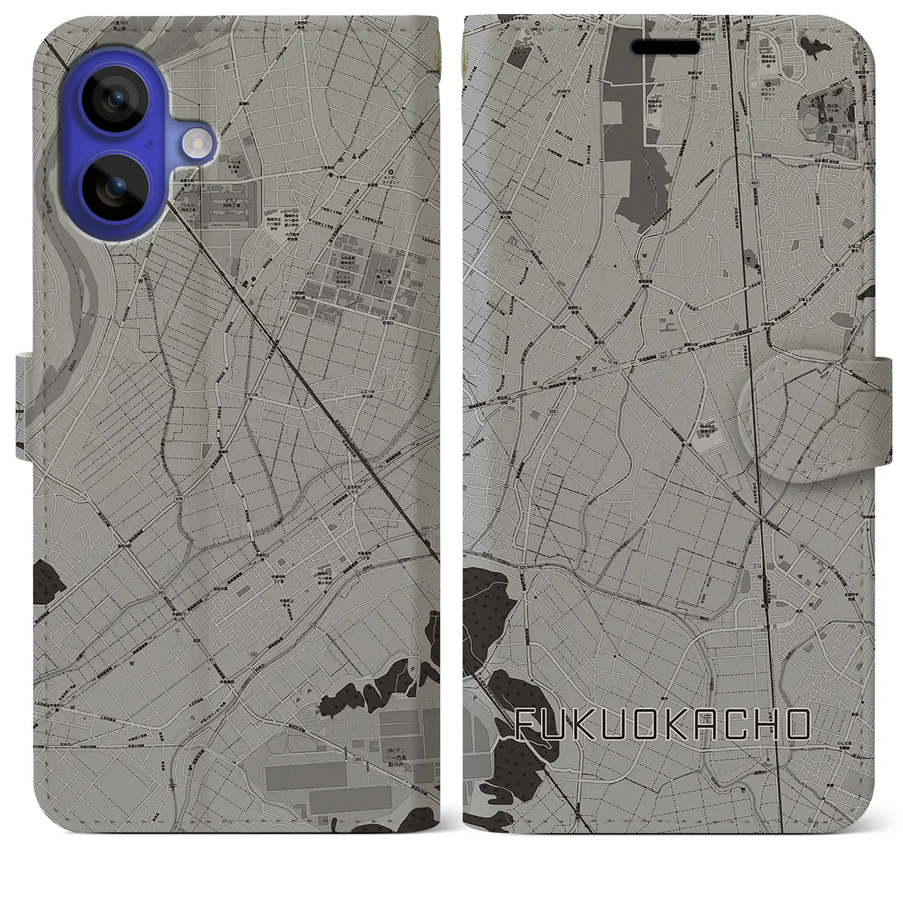 【福岡町(愛知県)】地図柄iPhoneケース(手帳タイプ)モノトーン・iPhone 16 Pro Max 用