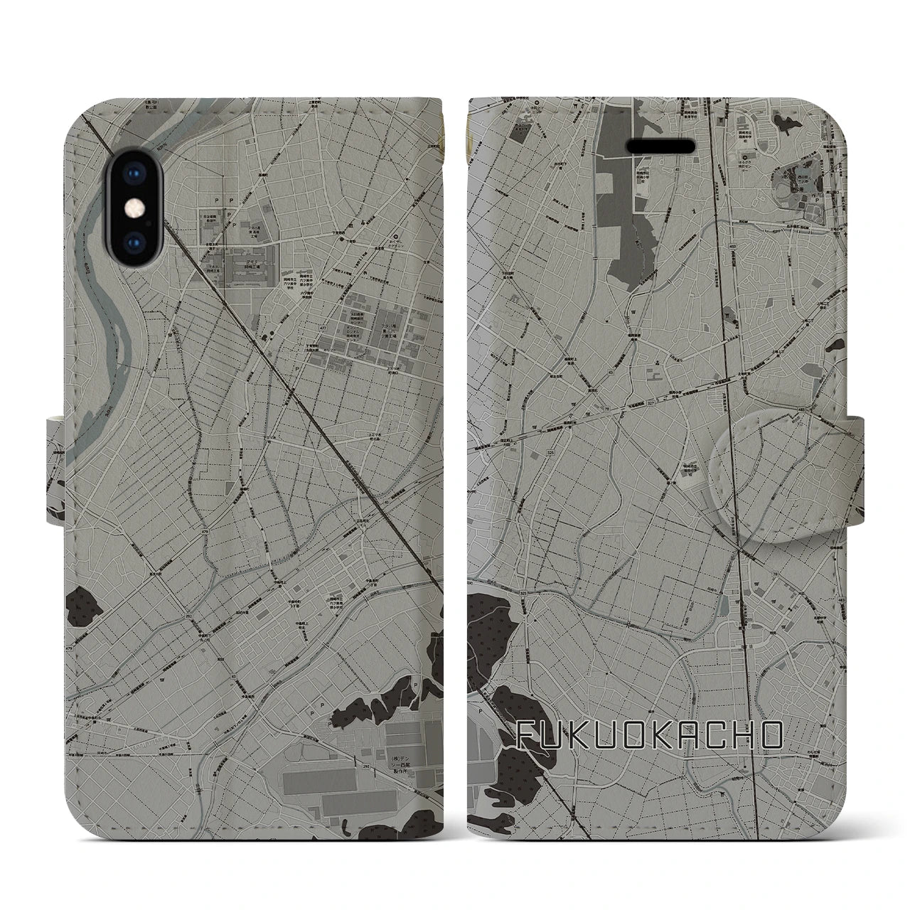 【福岡町(愛知県)】地図柄iPhoneケース(手帳タイプ)モノトーン・iPhone XS / X 用