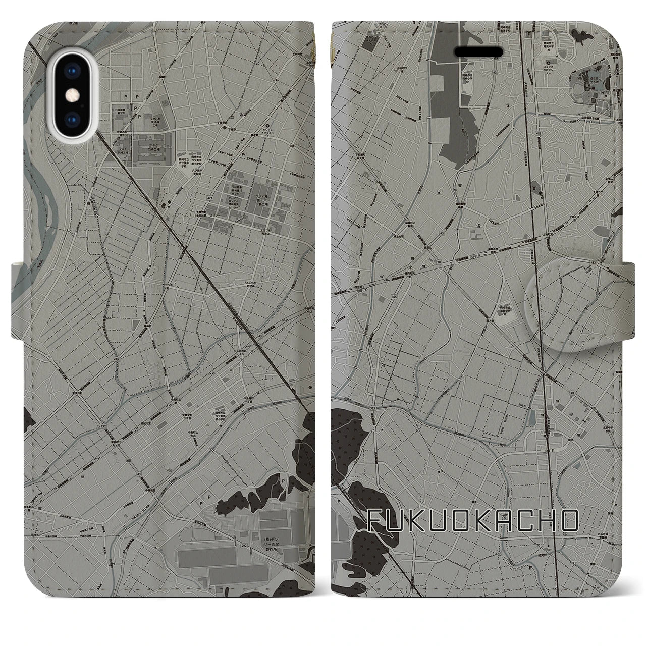 【福岡町(愛知県)】地図柄iPhoneケース(手帳タイプ)モノトーン・iPhone XS Max 用