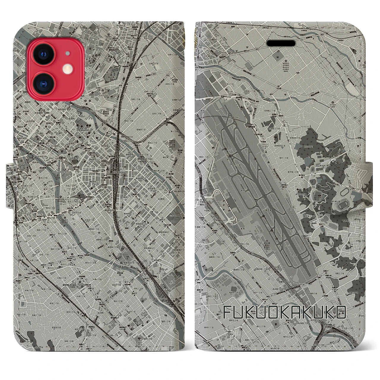【福岡空港(福岡県)】地図柄iPhoneケース(手帳タイプ)モノトーン・iPhone 11 用